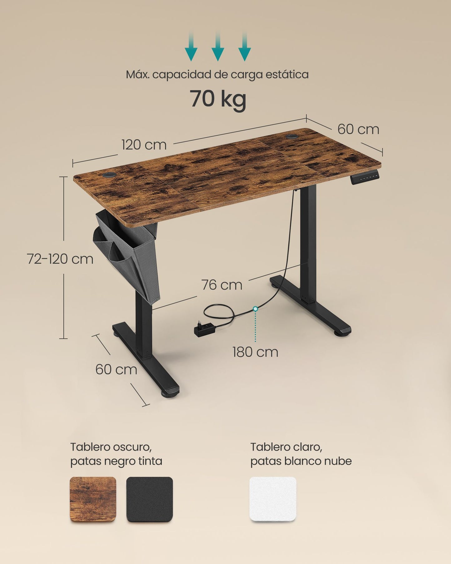 Escritorio Eléctrico Regulable en Altura 60 x 120 x (72-120) cm-SONGMICS