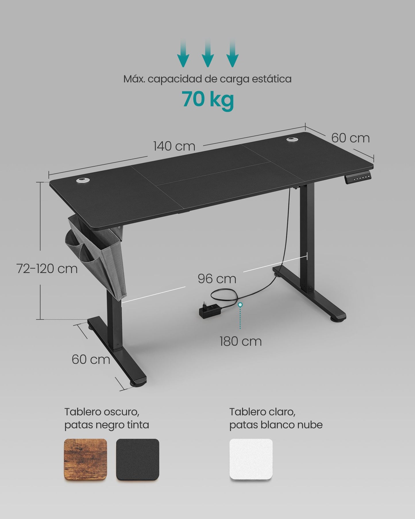 Escritorio Eléctrico Regulable en Altura 60 x 140 x (72-120) cm-SONGMICS