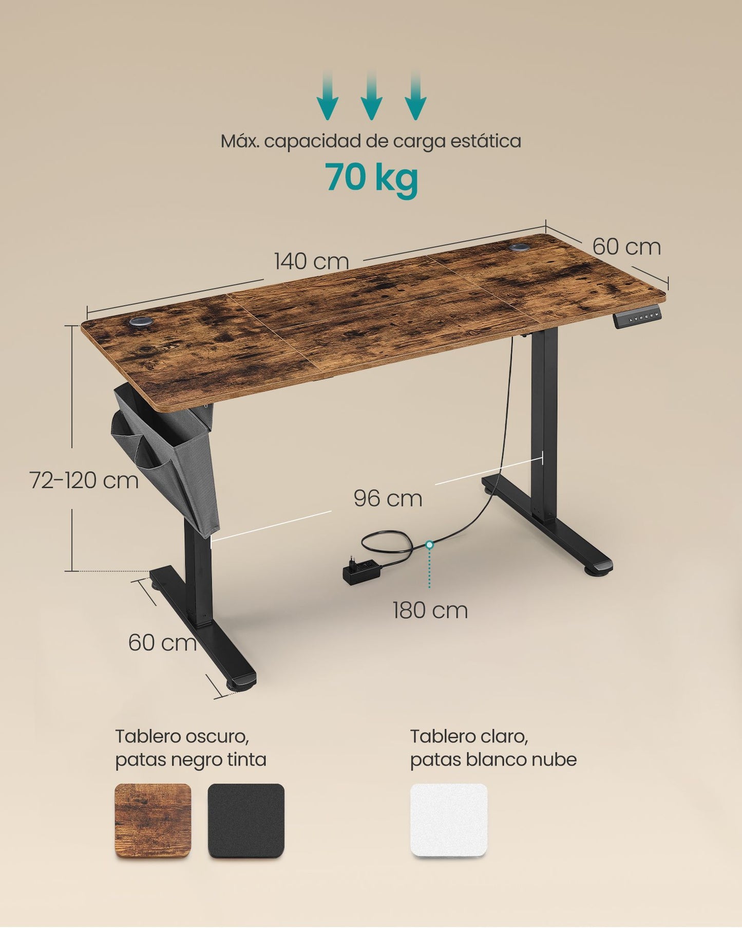 Escritorio Eléctrico Regulable en Altura 60 x 140 x (72-120) cm-SONGMICS