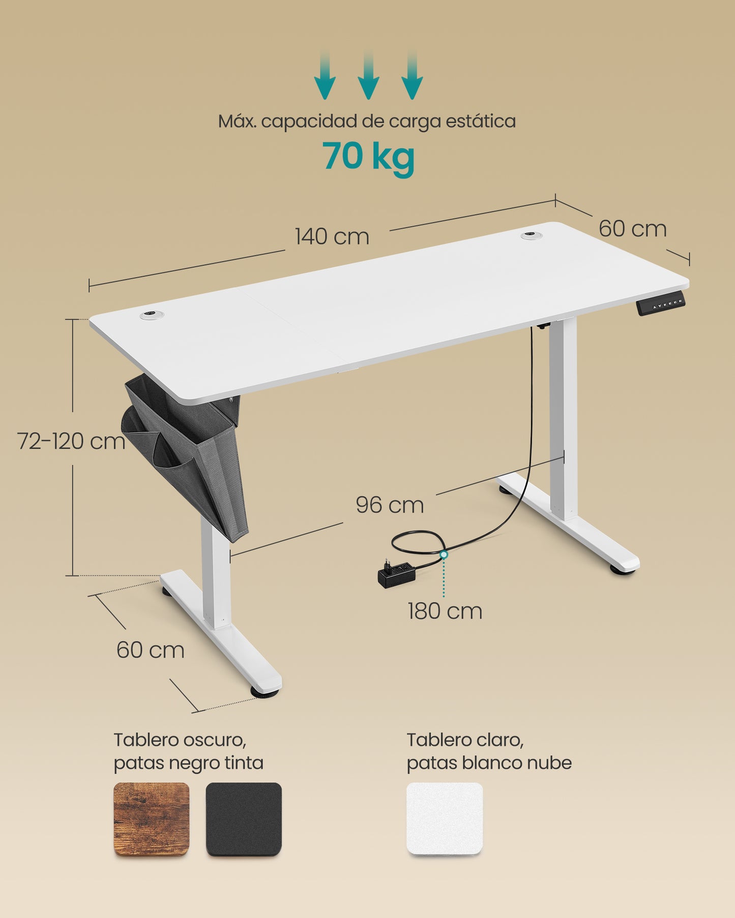 Escritorio Eléctrico Regulable en Altura 60 x 140 x (72-120) cm-SONGMICS