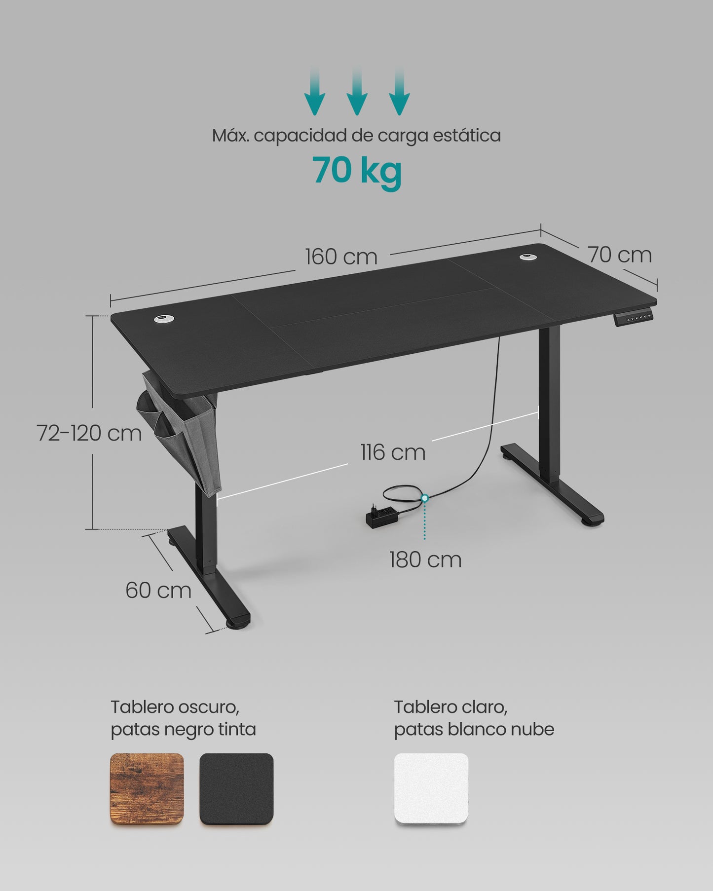 Escritorio Eléctrico Regulable en Altura 70 x 160 x (72-120) cm-SONGMICS