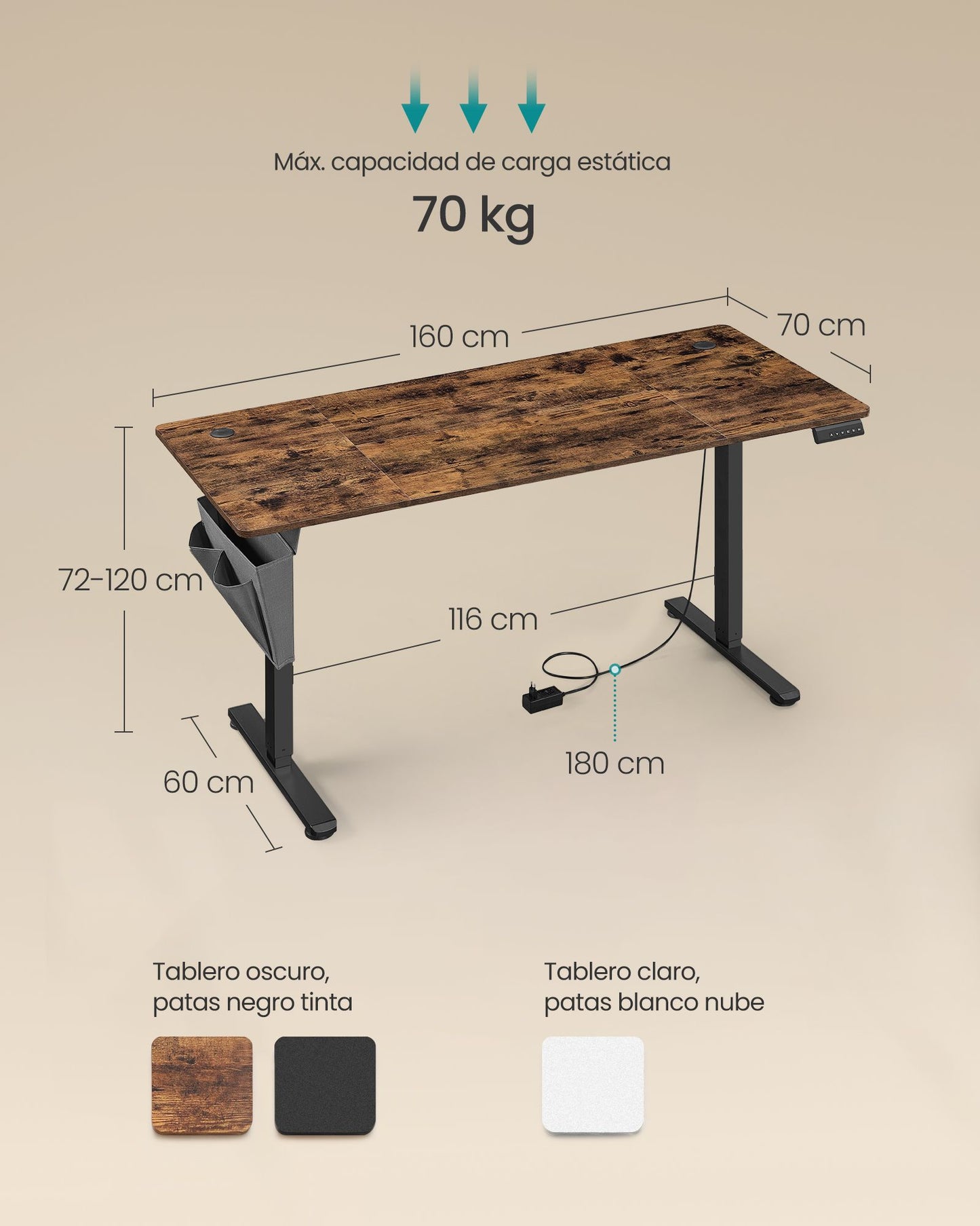 Escritorio Eléctrico Regulable en Altura 70 x 160 x (72-120) cm-SONGMICS