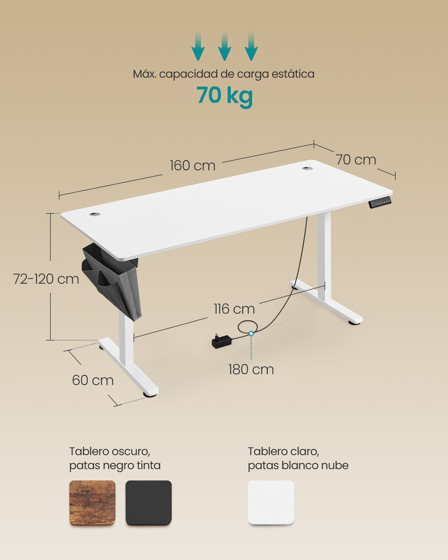 Escritorio Eléctrico Regulable en Altura 70 x 160 x (72-120) cm-SONGMICS