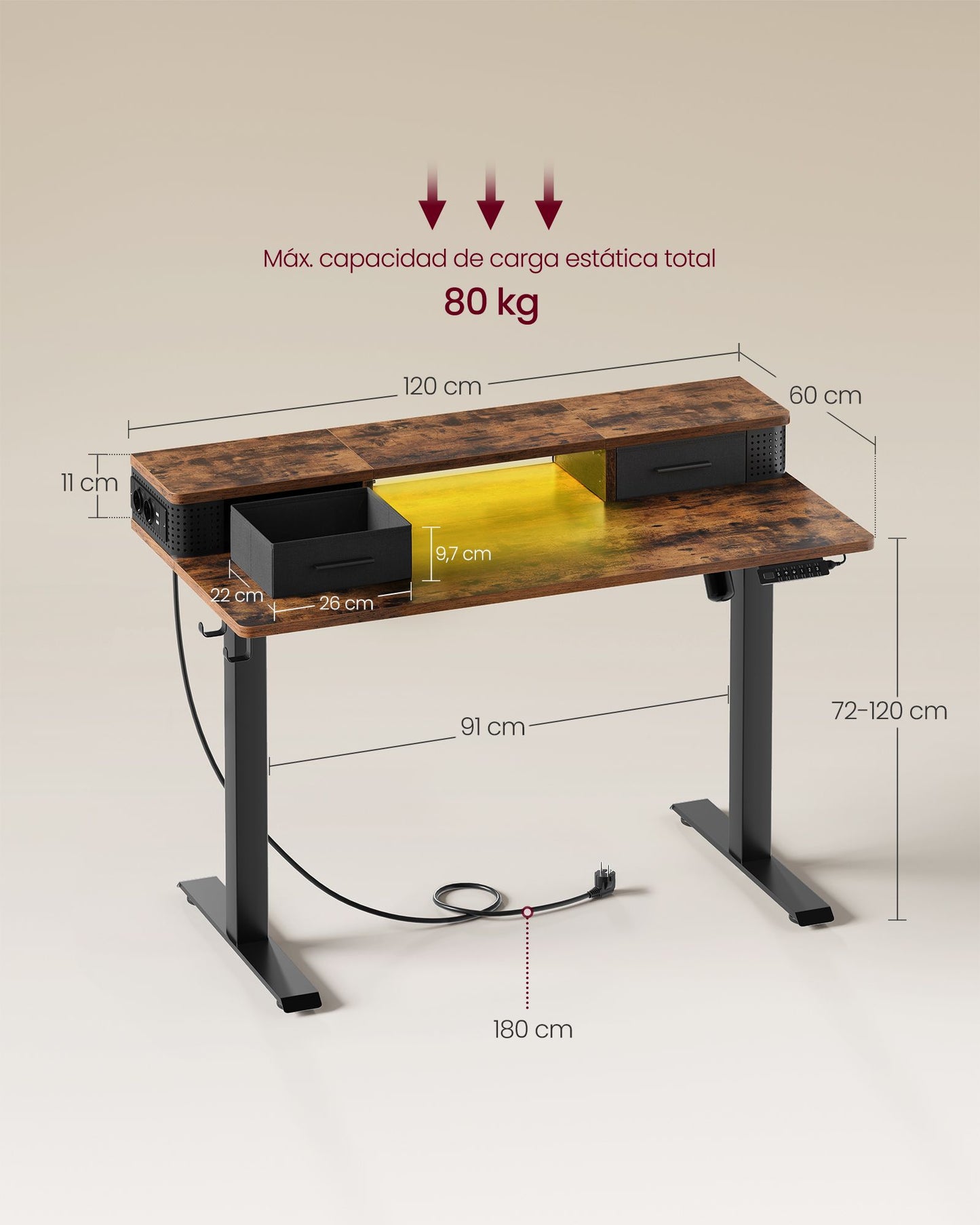 Escritorio Eléctrico Regulable 60 x 120 x (72-120) cm Marrón Rústico-VASAGLE