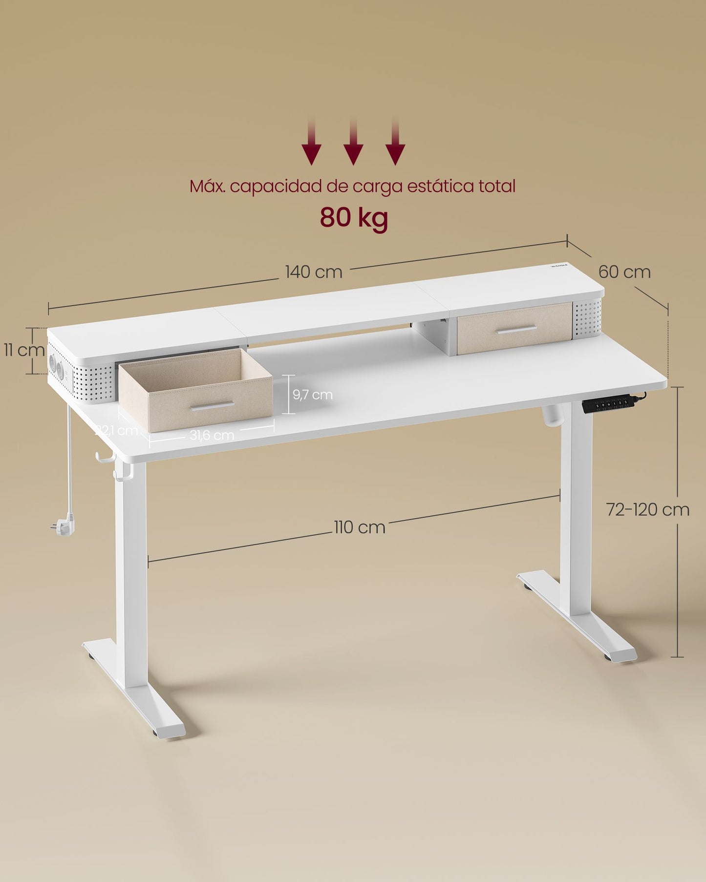 Escritorio Eléctrico Regulable 60 x 140 x (72-120) cm Blanco Nube-VASAGLE