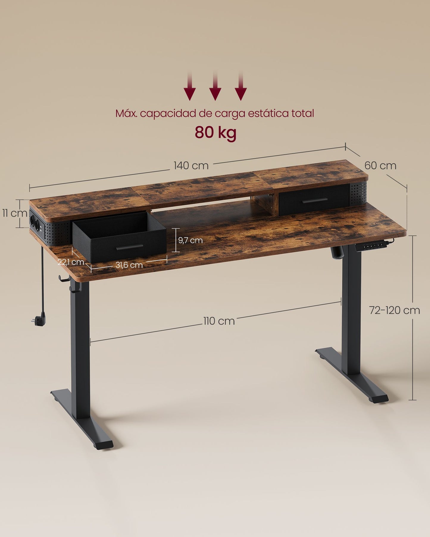 Escritorio Eléctrico Regulable 60 x 140 x (72-120) cm Marrón Rústico-VASAGLE