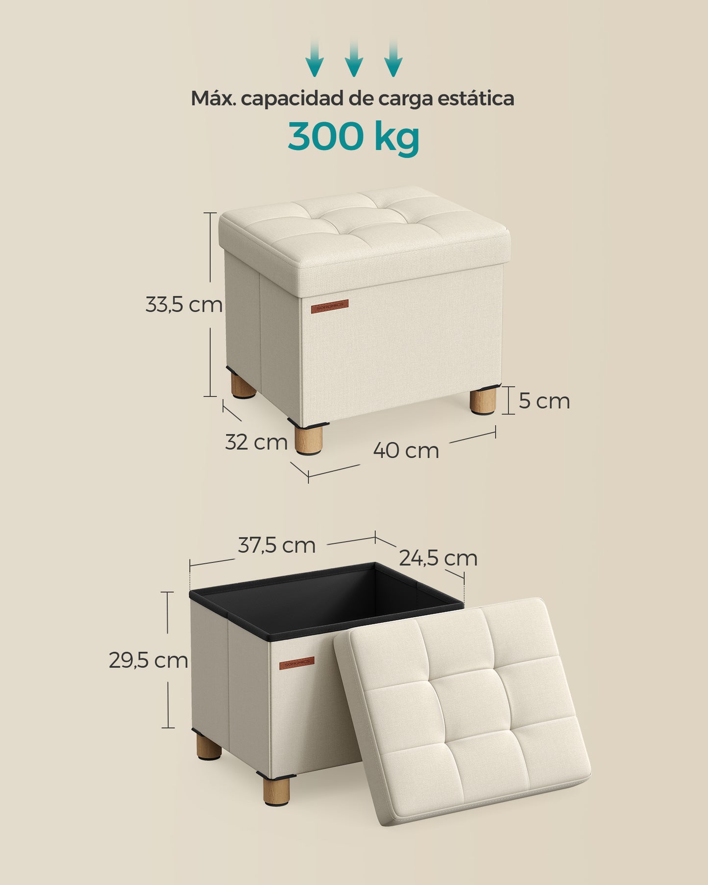 Puff Almacenaje 32 x 40 cm Taburete Reposapiés Blanco Crema-SONGMICS