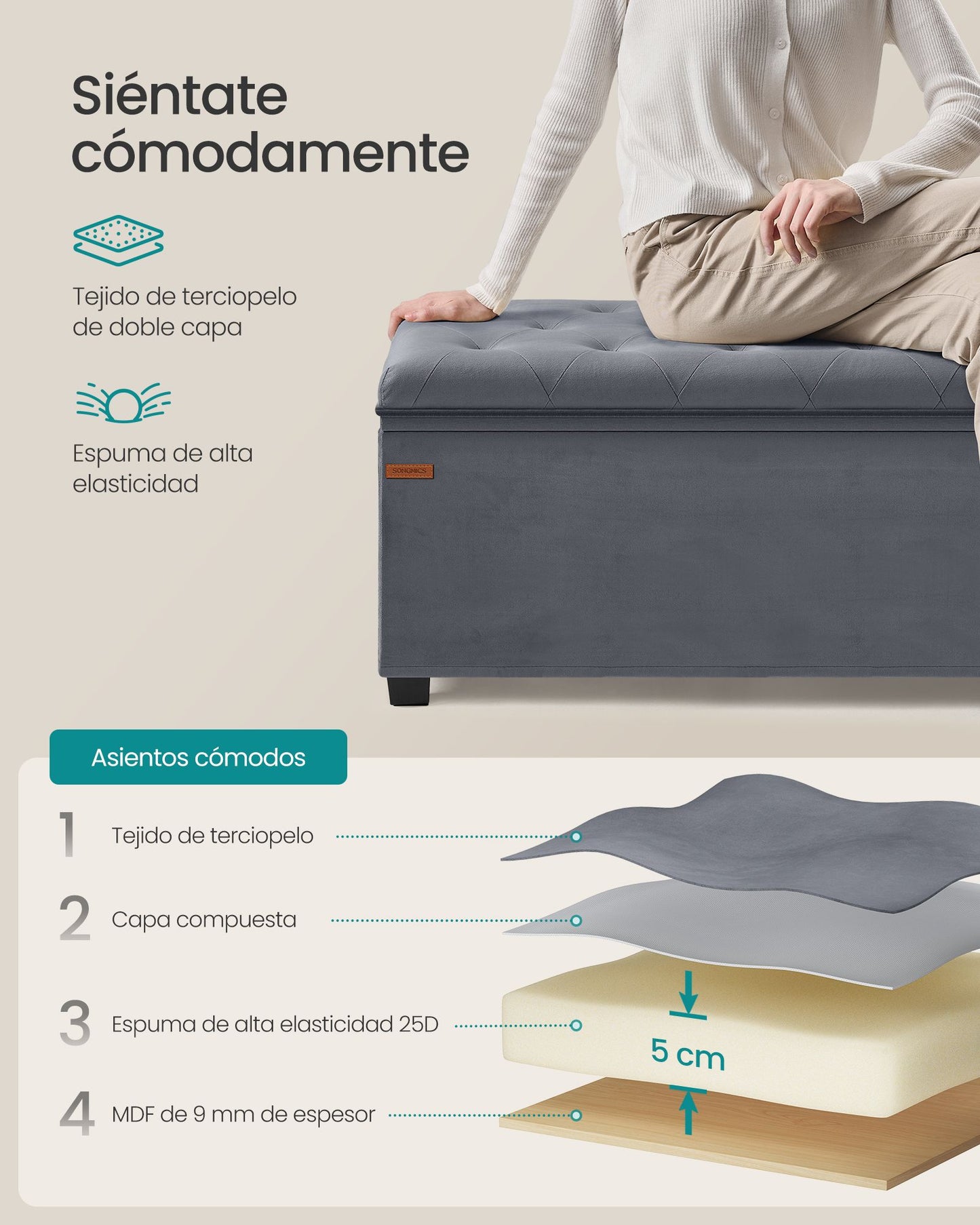 Puff Almacenaje 40 x 110 x 41 cm Gris Pizarra-SONGMICS