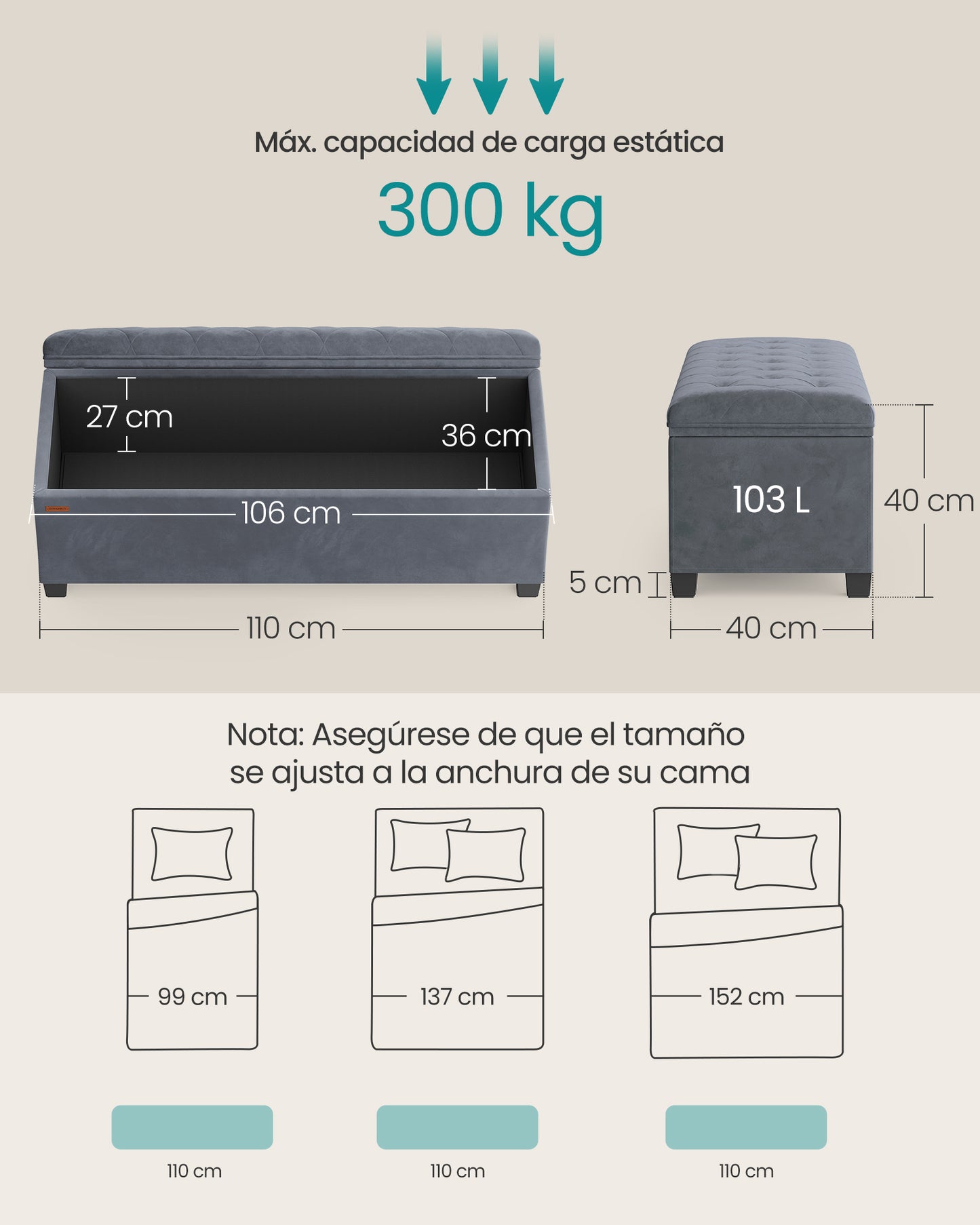 Puff Almacenaje 40 x 110 x 41 cm Gris Pizarra-SONGMICS