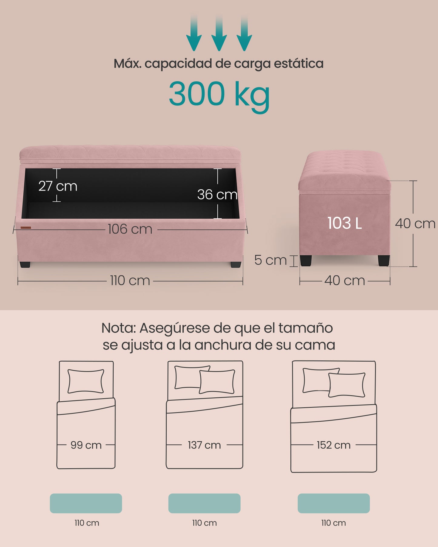 Puff Almacenaje 40 x 110 x 40 cm Rosa Jalea-SONGMICS