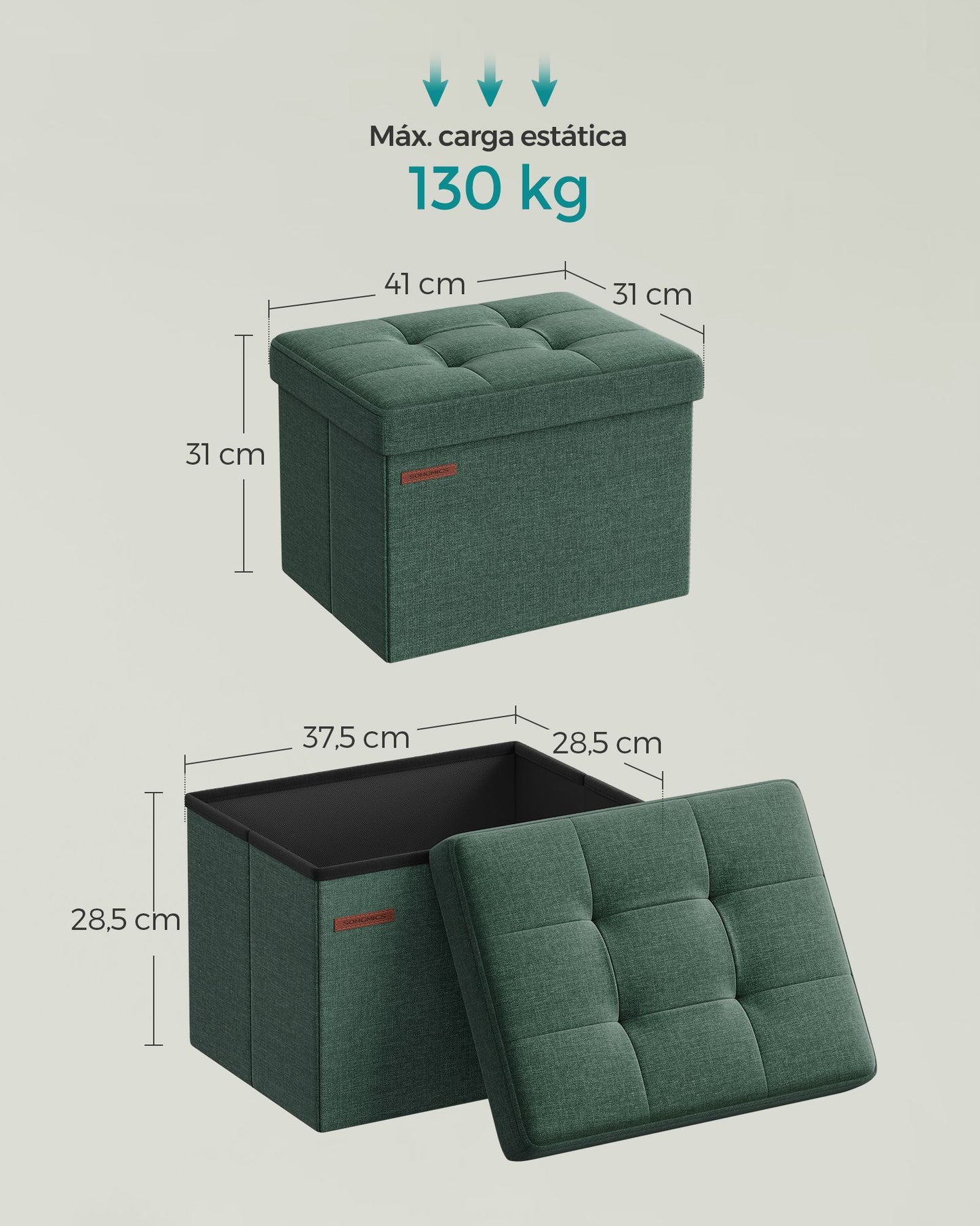 Puff Almacenaje Plegable 31 x 41 cm Verde Bosque-SONGMICS