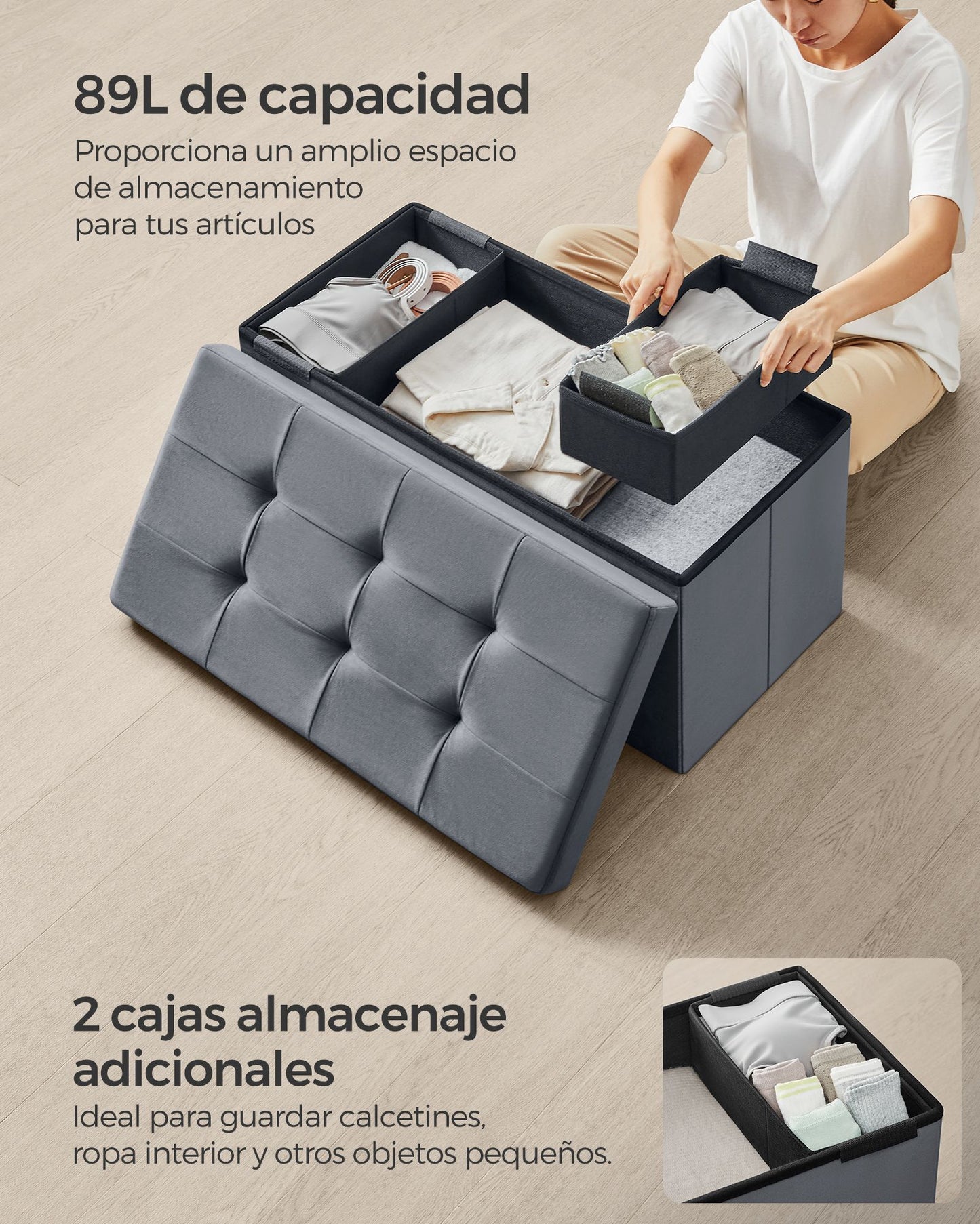 Puff Almacenaje 38 x 76 x 38 cm Gris Pizarra-SONGMICS