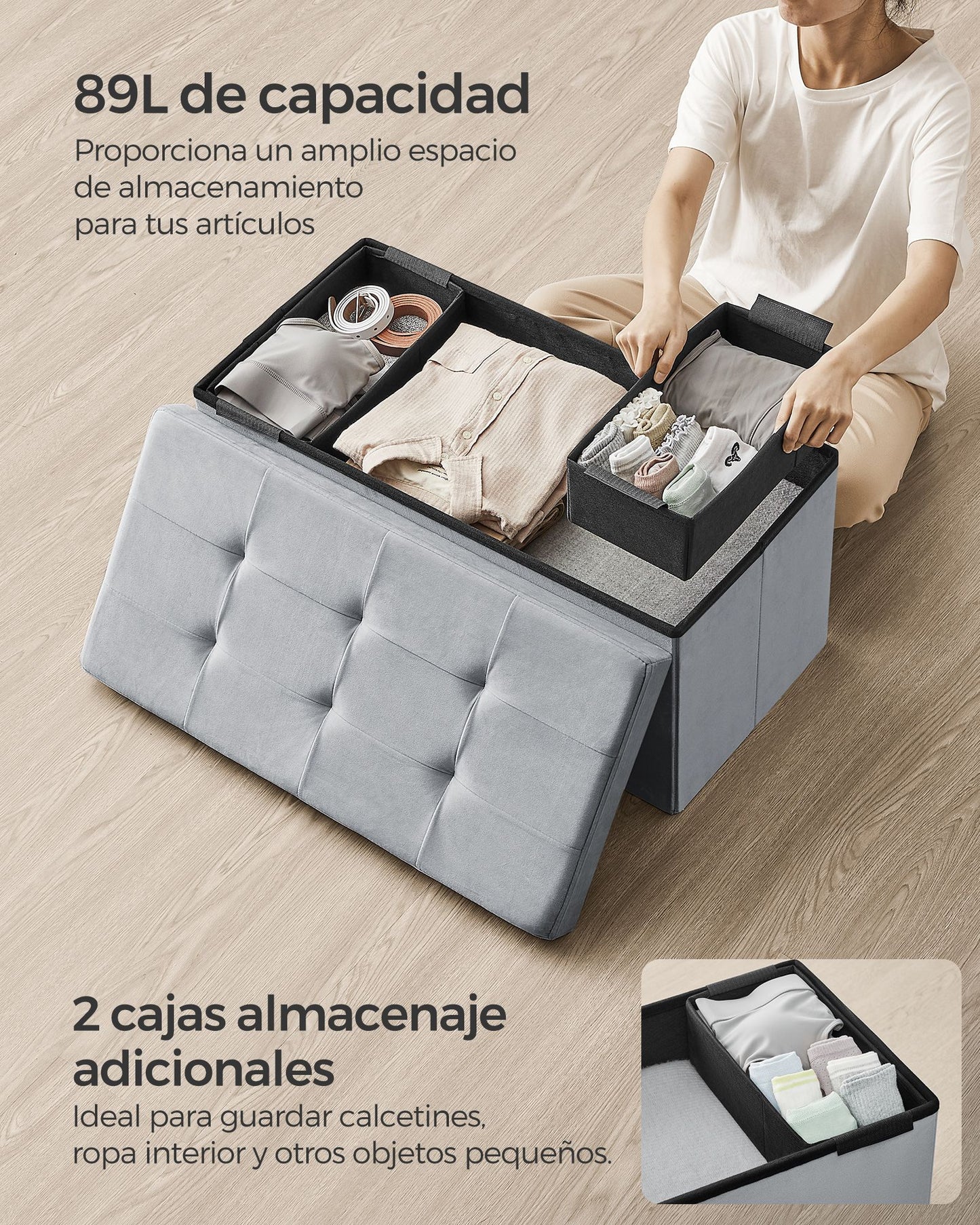 Puff Almacenaje 38 x 76 x 38 cm Gris Paloma-SONGMICS