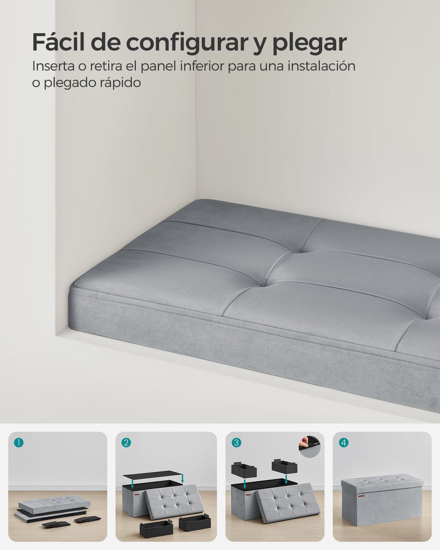 Puff Almacenaje 38 x 76 x 38 cm Gris Paloma-SONGMICS