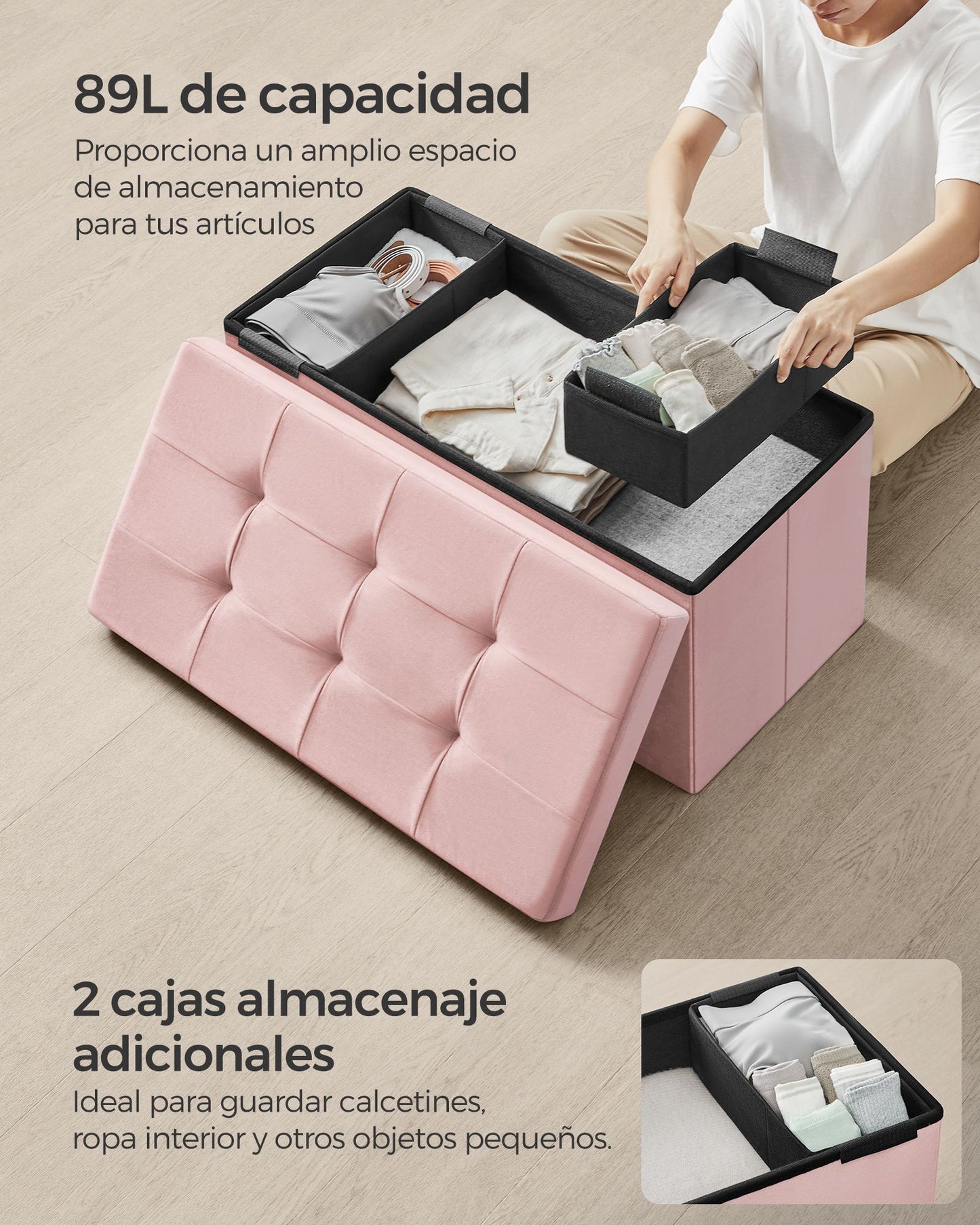 Puff Almacenaje 38 x 76 x 38 cm Rosa Caramelo-SONGMICS