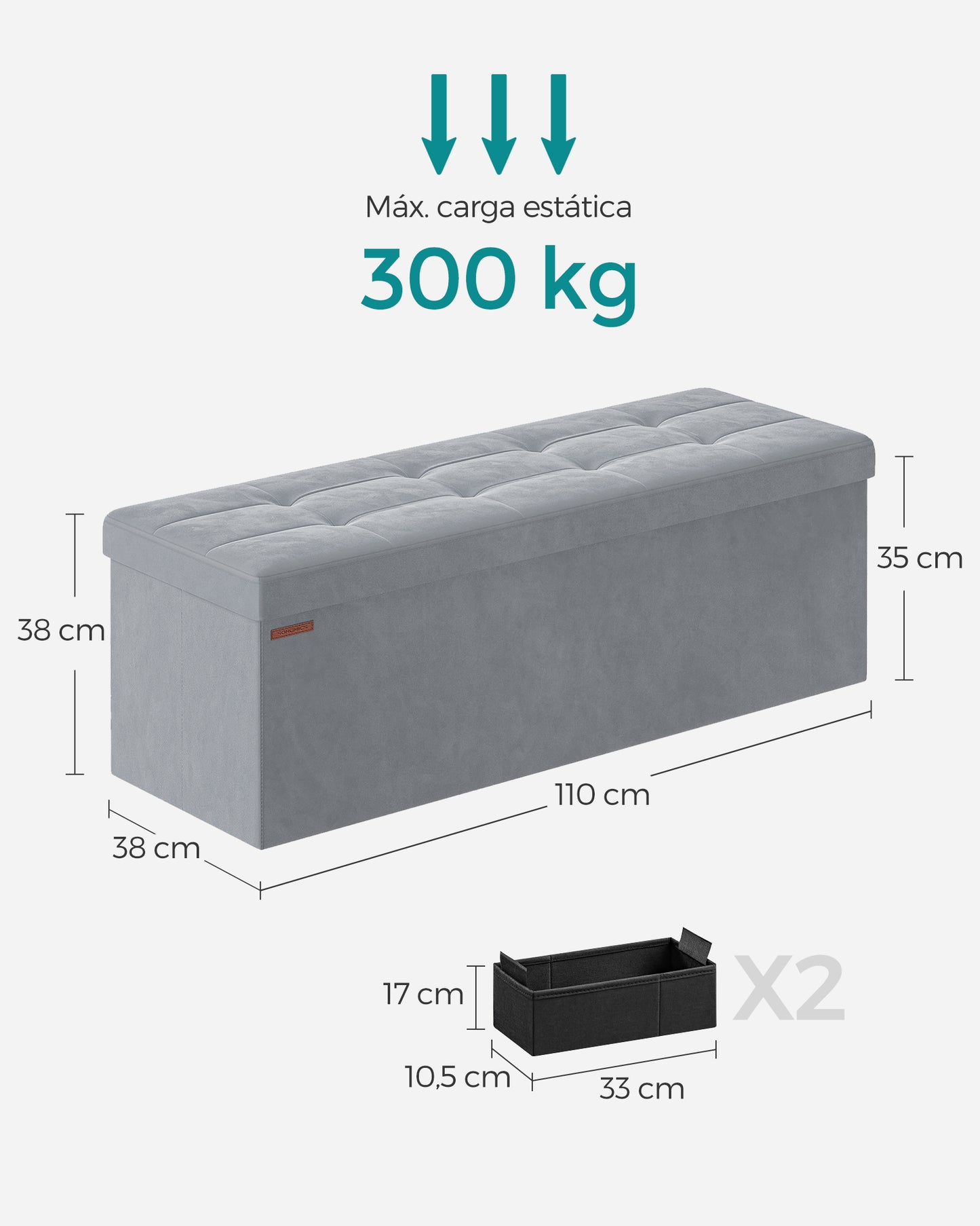 Puff Almacenaje 38 x 110 x 38 cm Gris Paloma-SONGMICS