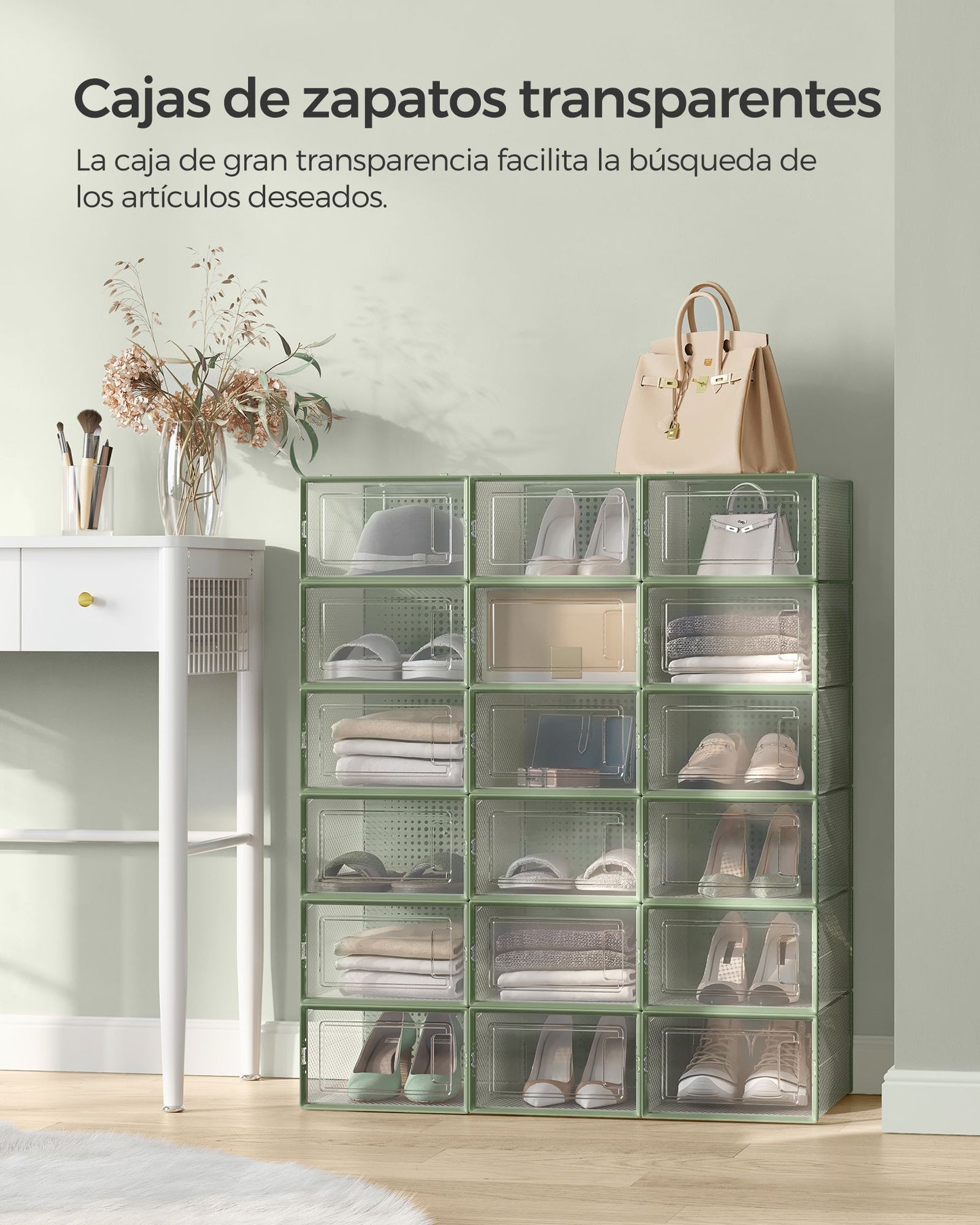 Juego de 18 Cajas de Zapatos Plástico Transparente y Verde Laurel-SONGMICS