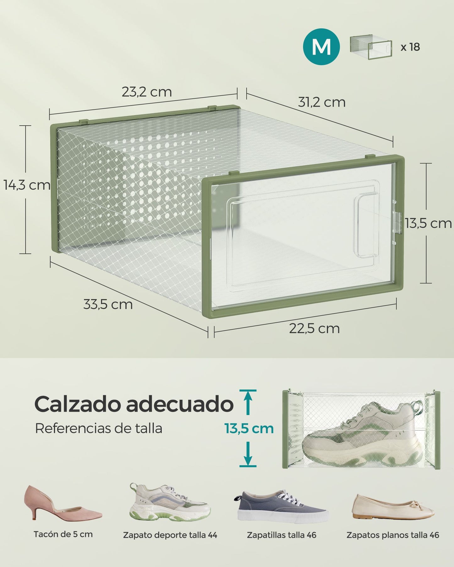 Juego de 18 Cajas de Zapatos Plástico Transparente y Verde Laurel-SONGMICS