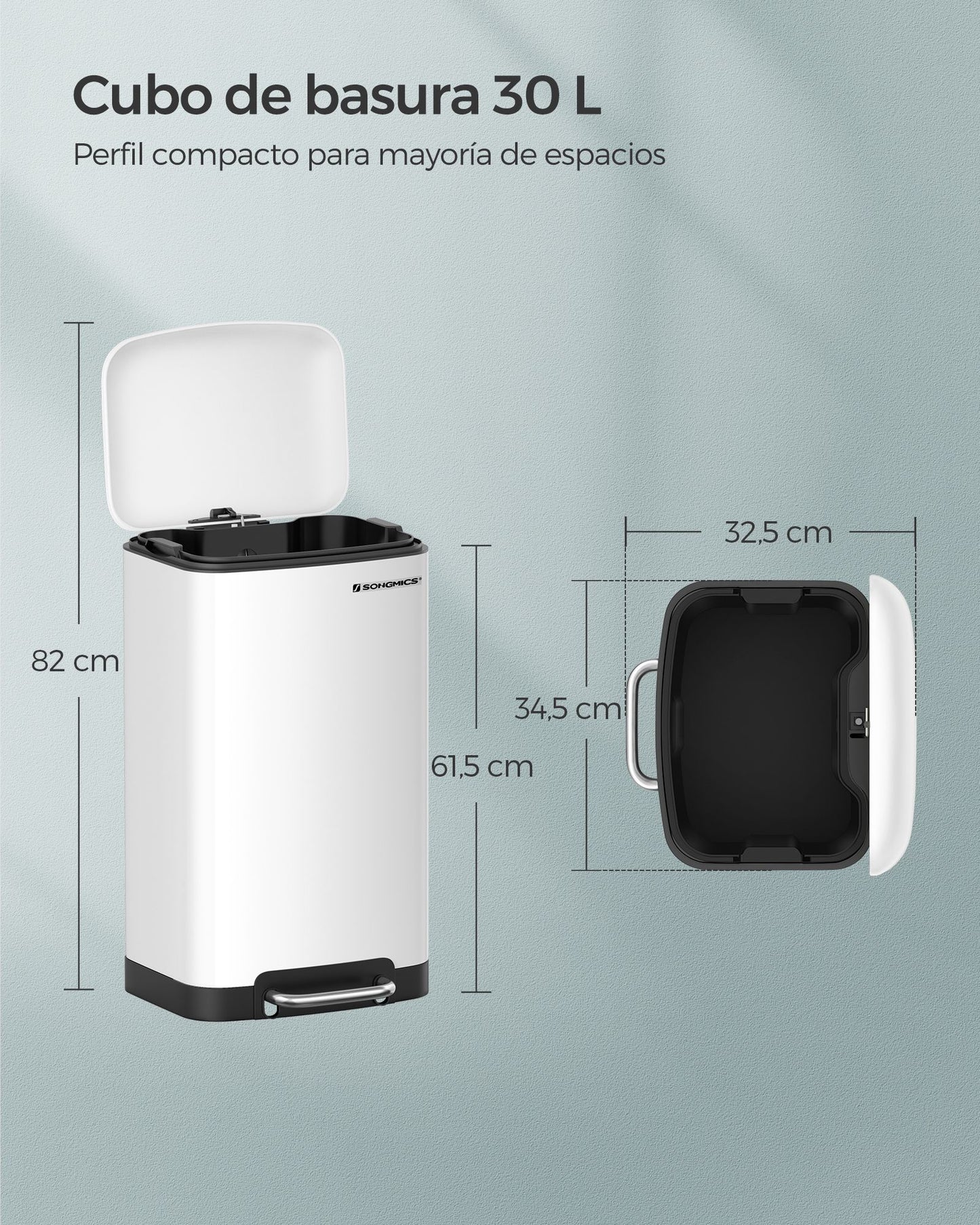 Cubo de Basura para la Cocina 30 L Cubo de Pedal de Acero con Tapa Blanco-SONGMICS