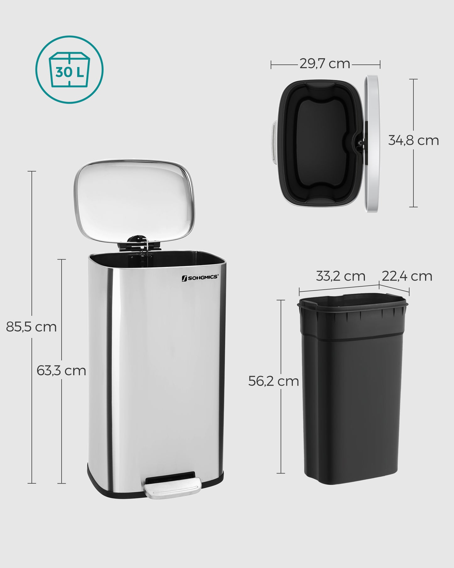 Cubo de Basura de Cocina 30 L Basurero con Pedal Contenedor con Tapa-SONGMICS