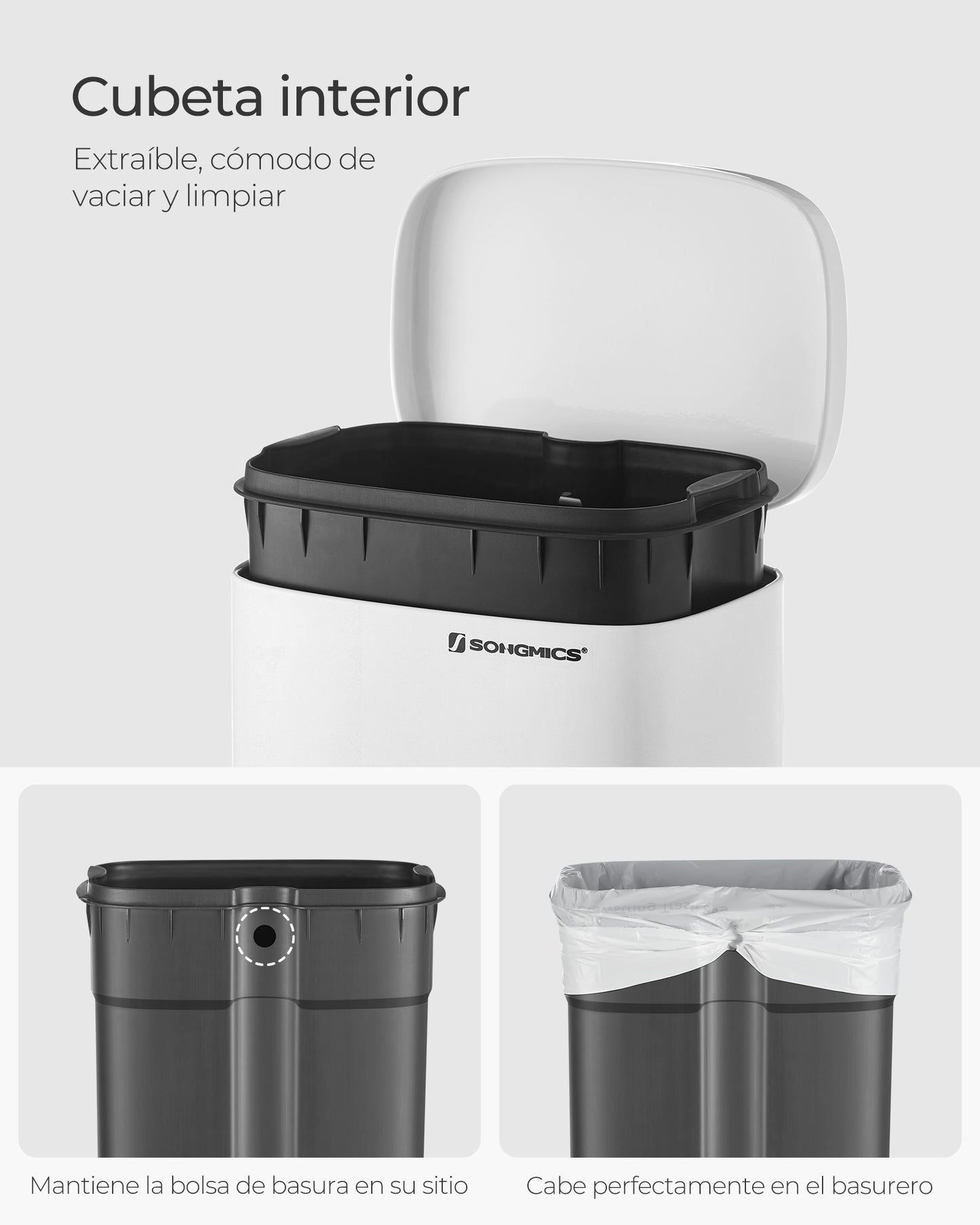 Cubo de Basura de Cocina 30 L Basurero con Pedal Contenedor con Tapa Blanco-SONGMICS