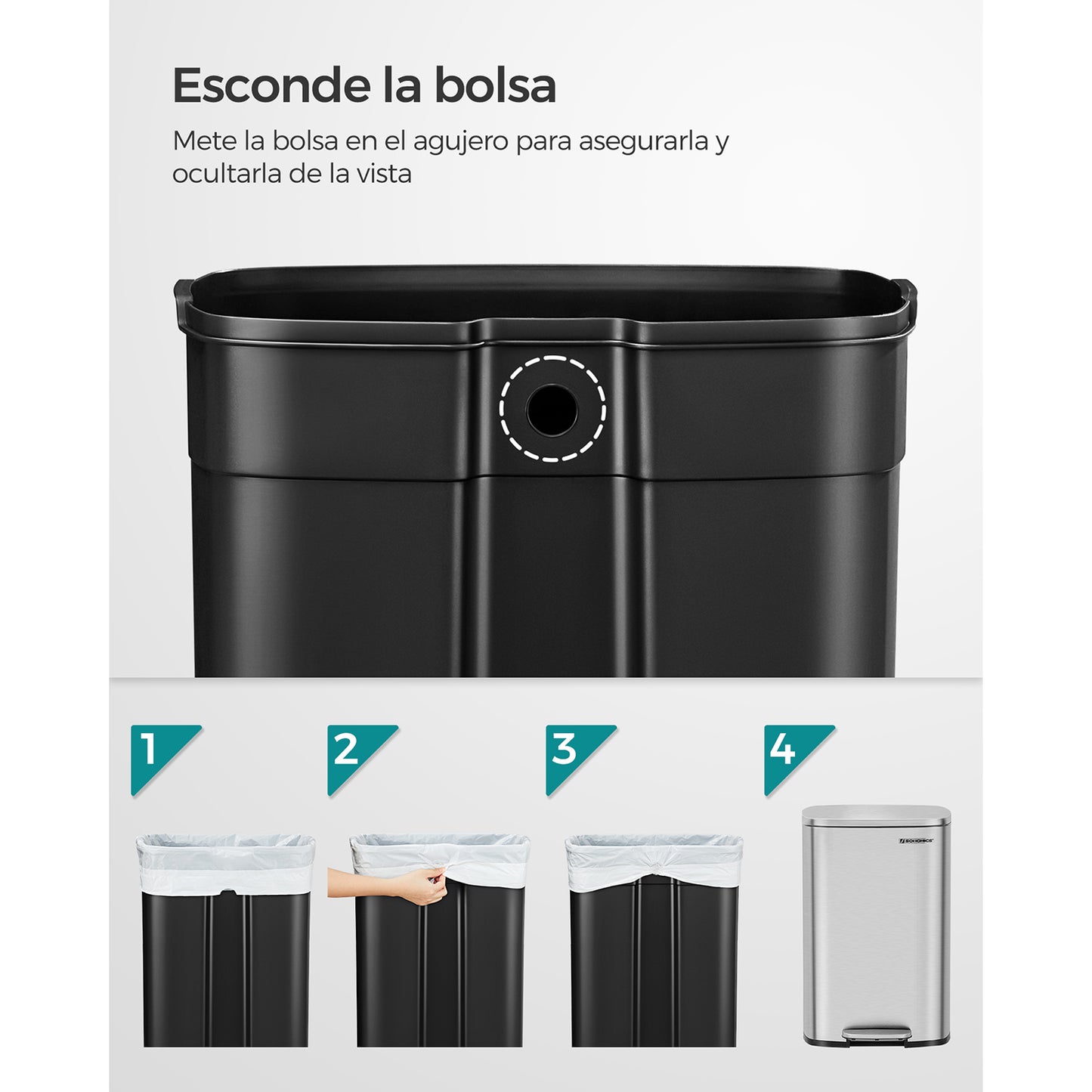 Cubo de Basura de 50 L Basurero para Cocina Papalera Pedal de Paso Acero-SONGMICS