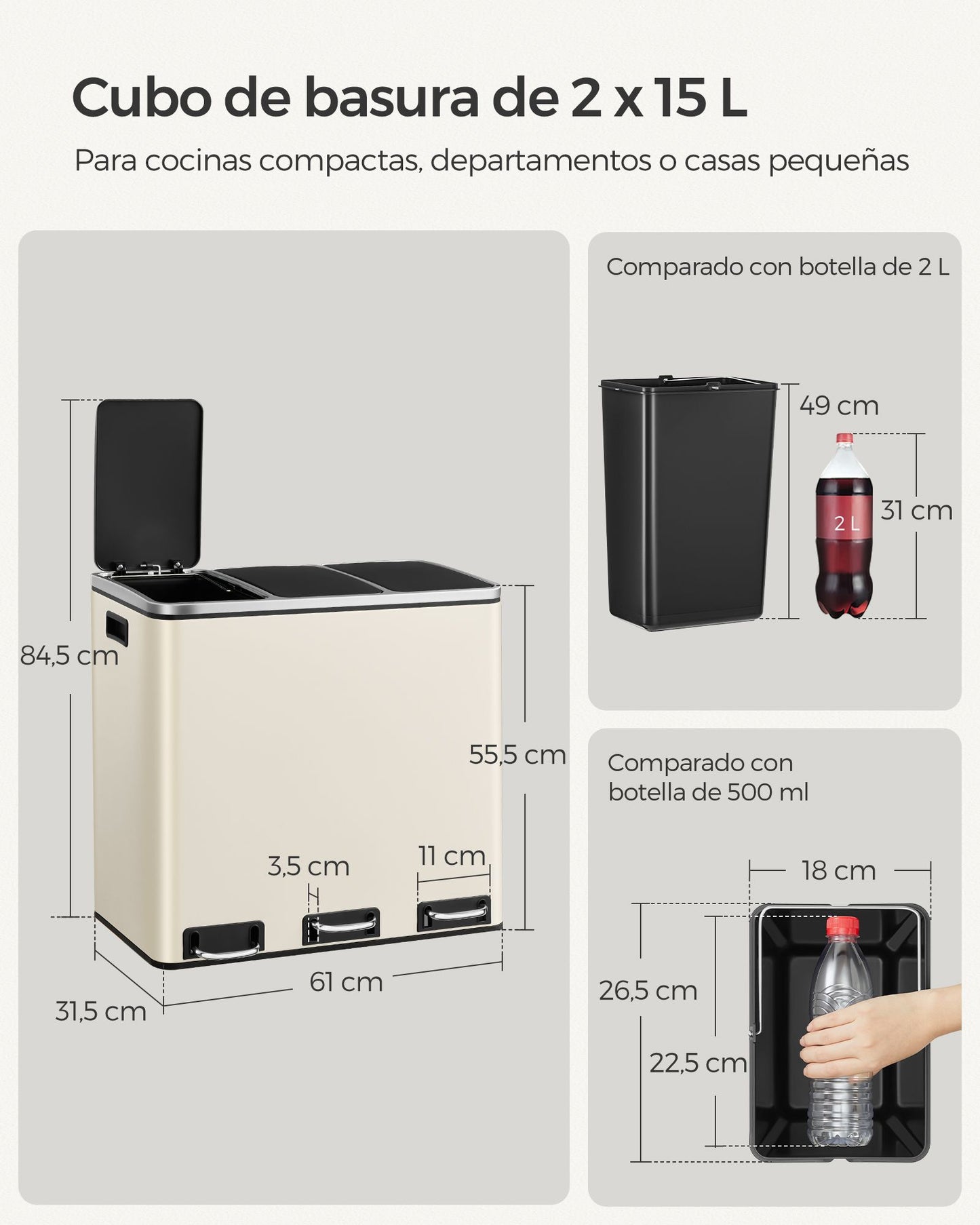 Cubo de Basura para Cocina 3 x 18 L Beige Arena-SONGMICS