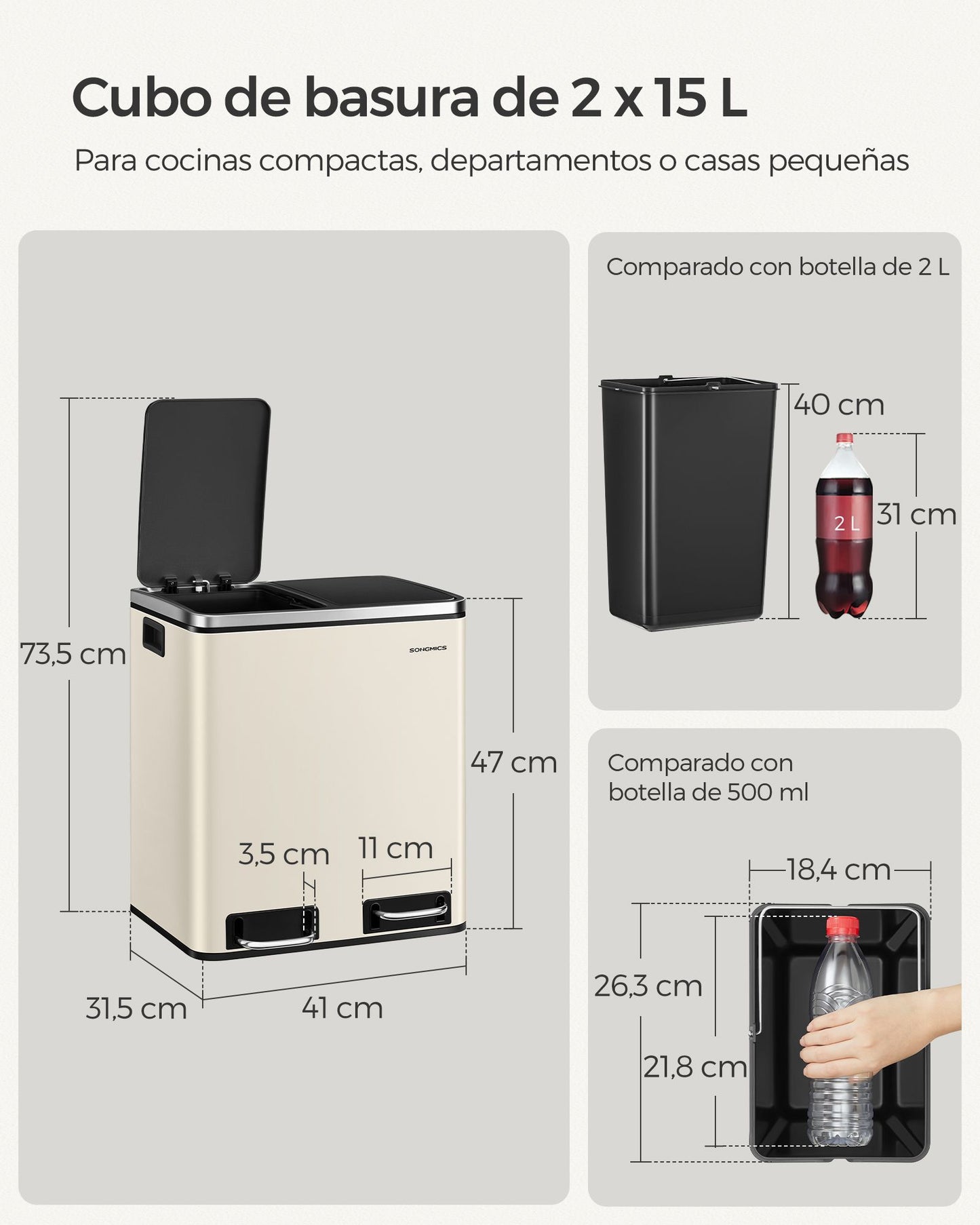 Cubo de Basura de Cocina 2 x 15 L Cubo con Cubeta Doble para Reciclaje y Residuo-SONGMICS