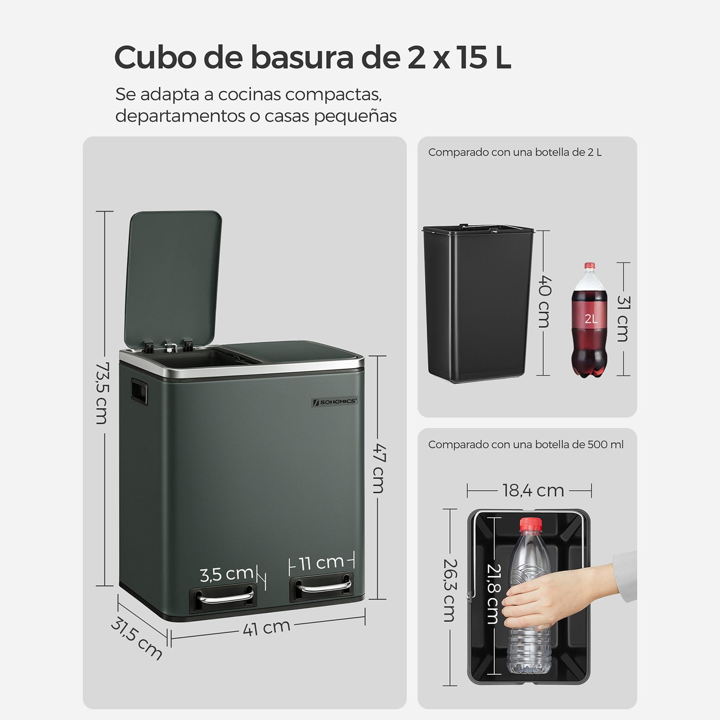 Cubo de Basura de Cocina 2 x 15 L Cubo para Reciclaje Papelera con Pedal-SONGMICS