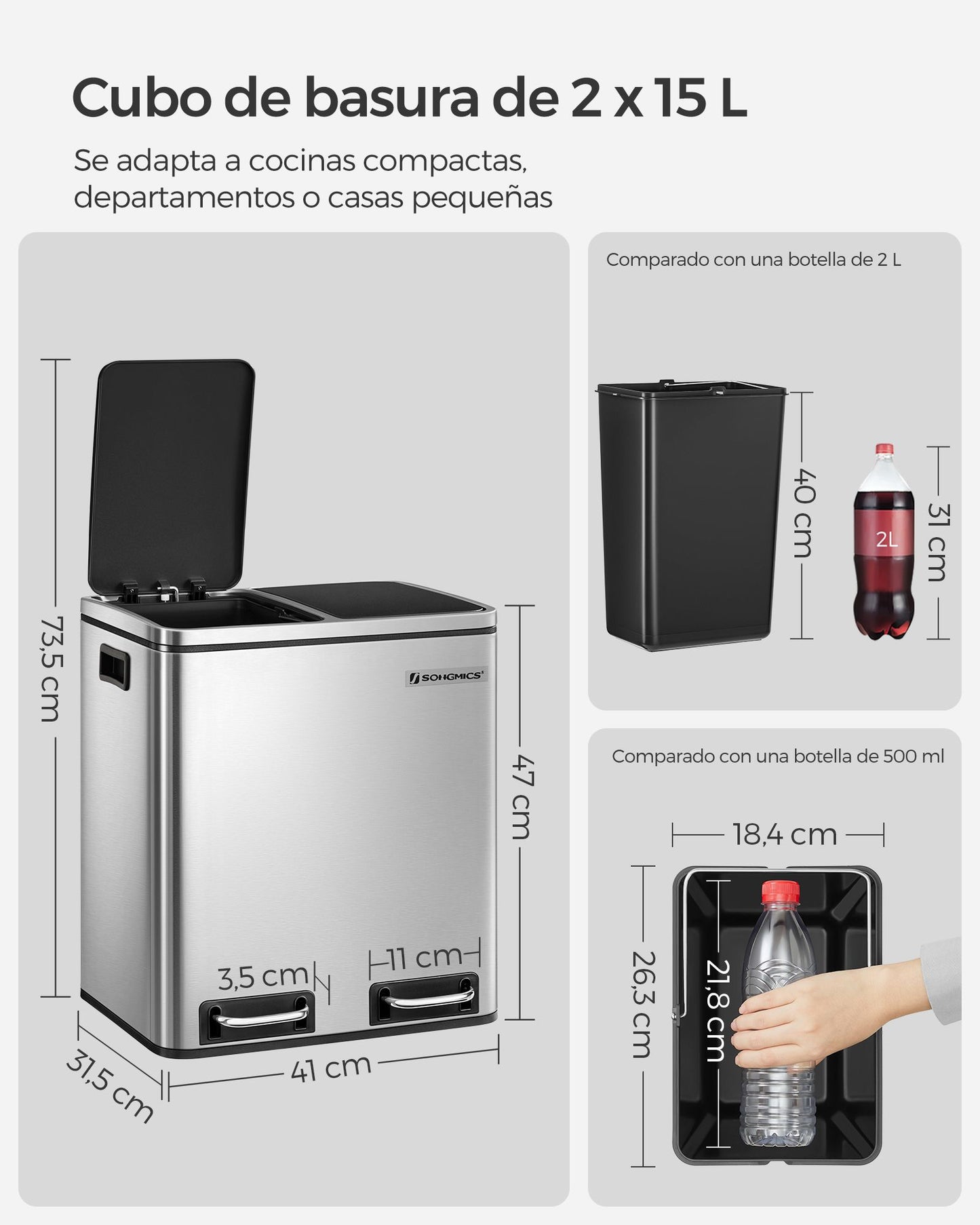 Cubo de Basura de Cocina Cubo para Reciclaje y Residuos Papelera con Pedal-SONGMICS