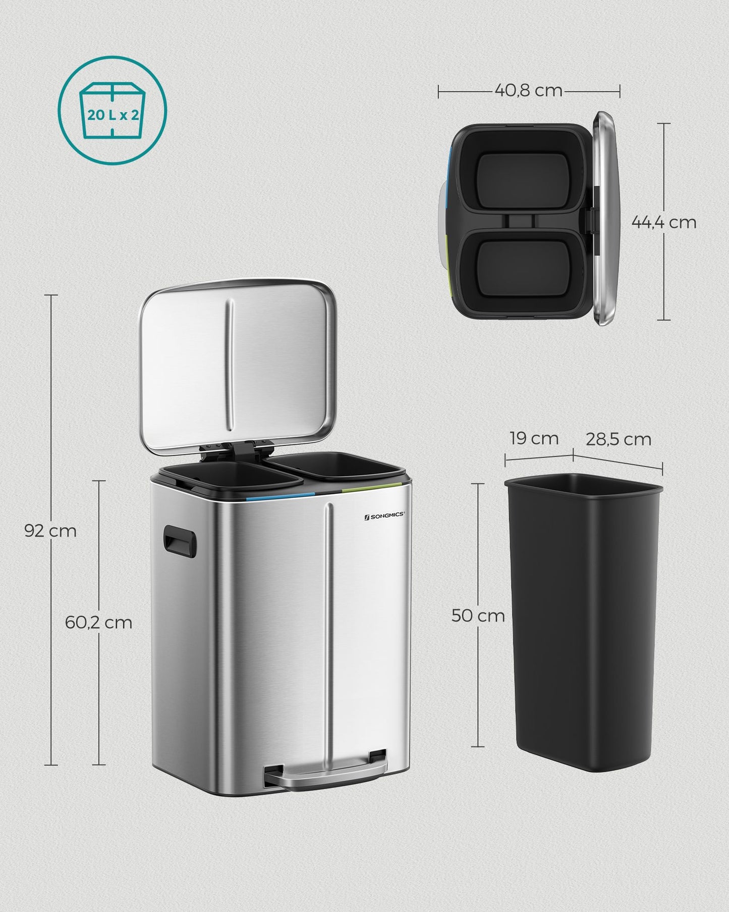 Cubo de Basura Doble Cubo de Cocina Cubo Metálico Pedal de Doble Compartimento-SONGMICS