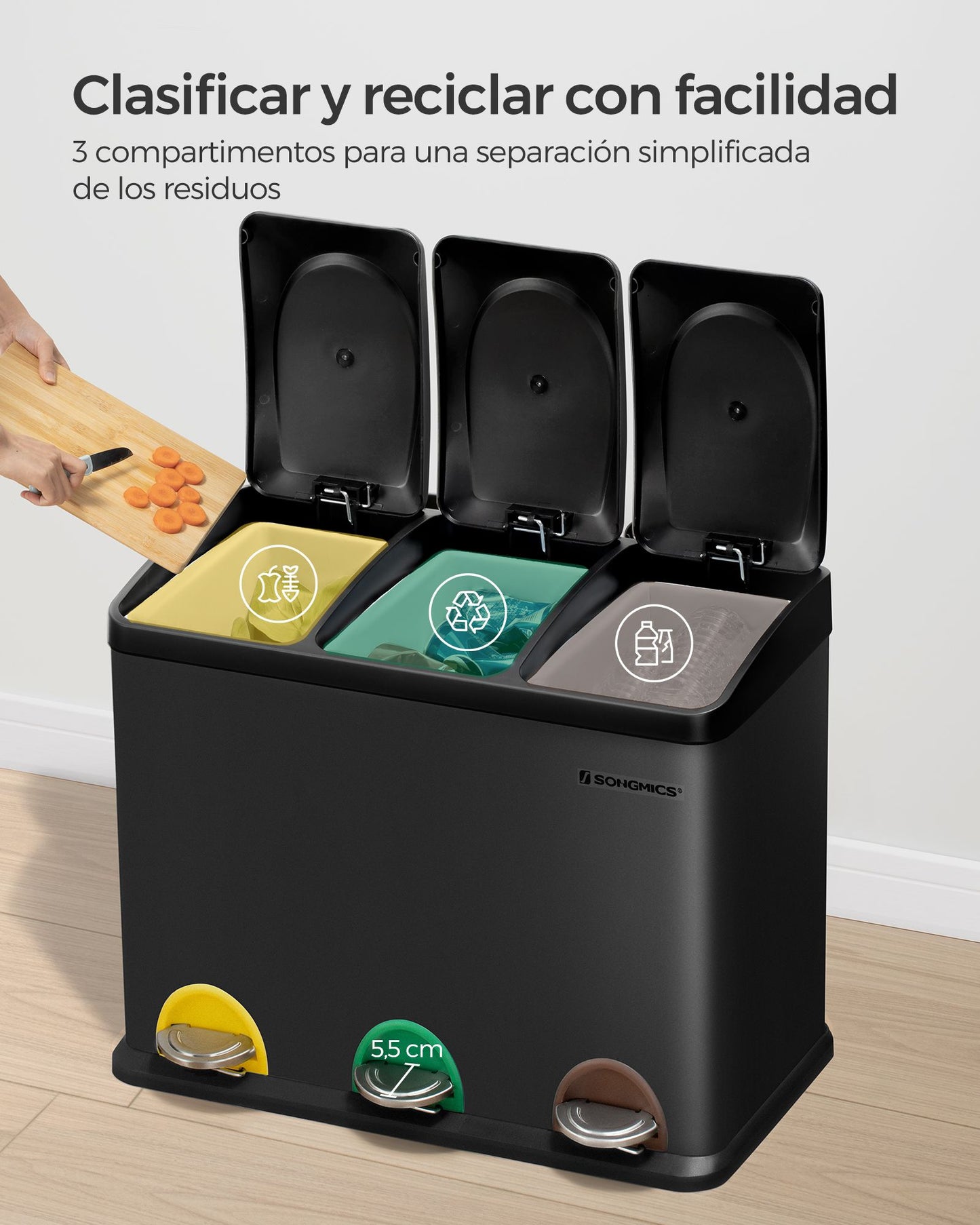 Cubo Triple para Cocina Cubo Basura de Reciclaje Cubo de Basura de Metal 45 L-SONGMICS