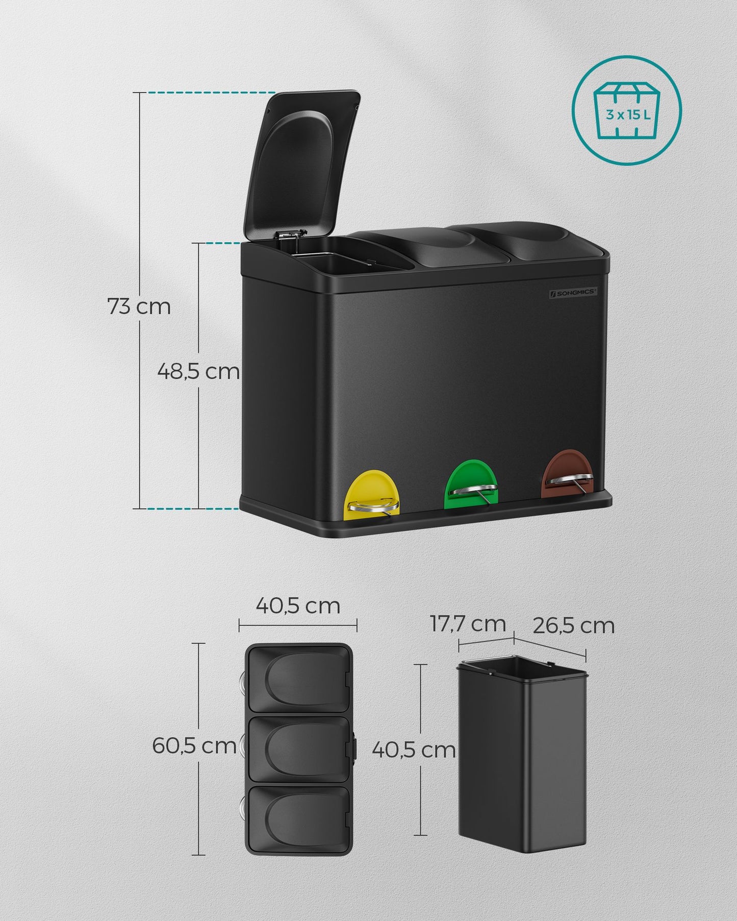 Cubo Triple para Cocina Cubo Basura de Reciclaje Cubo de Basura de Metal 45 L-SONGMICS