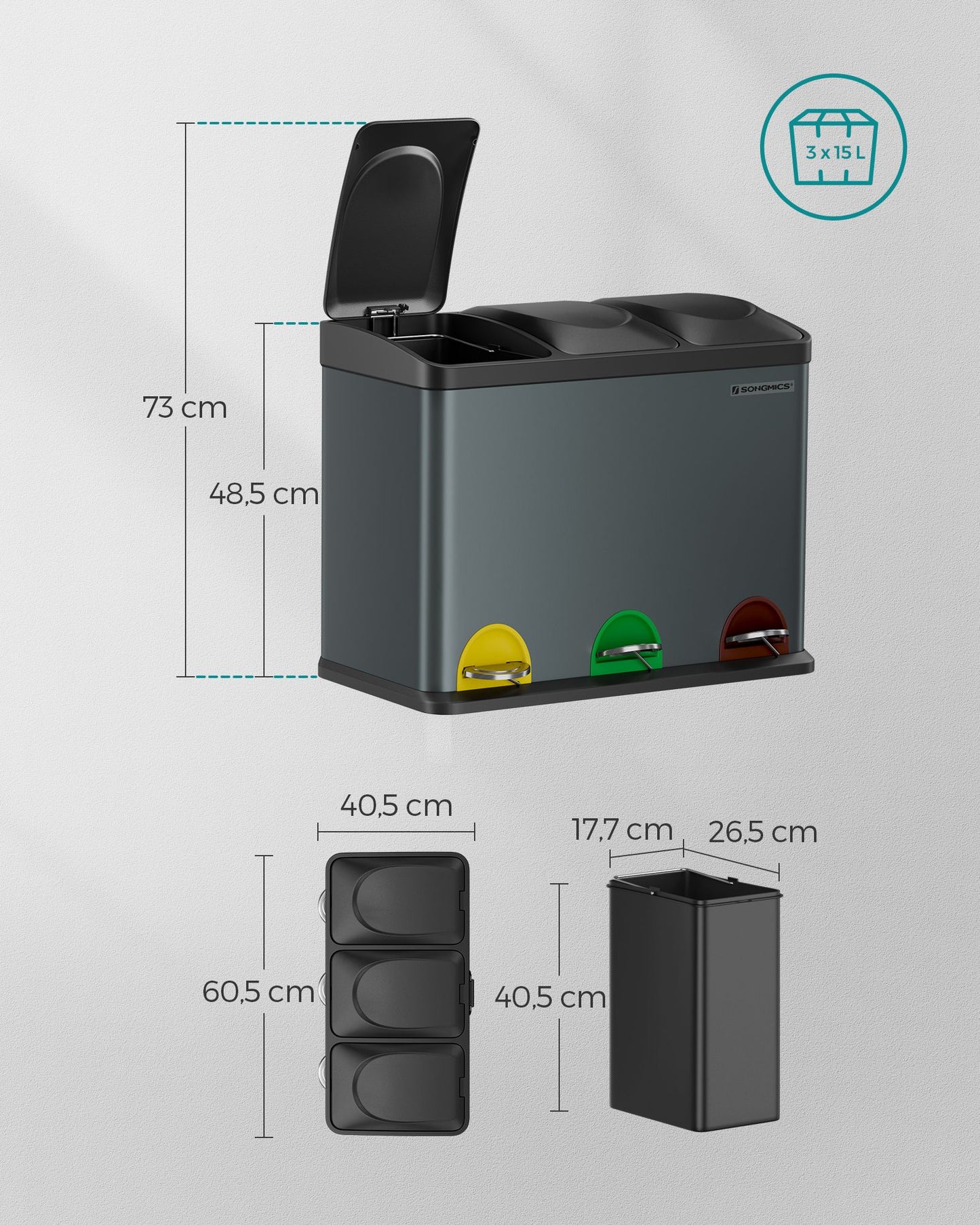 Cubo de Basura Pedal 3 x 15 L-SONGMICS