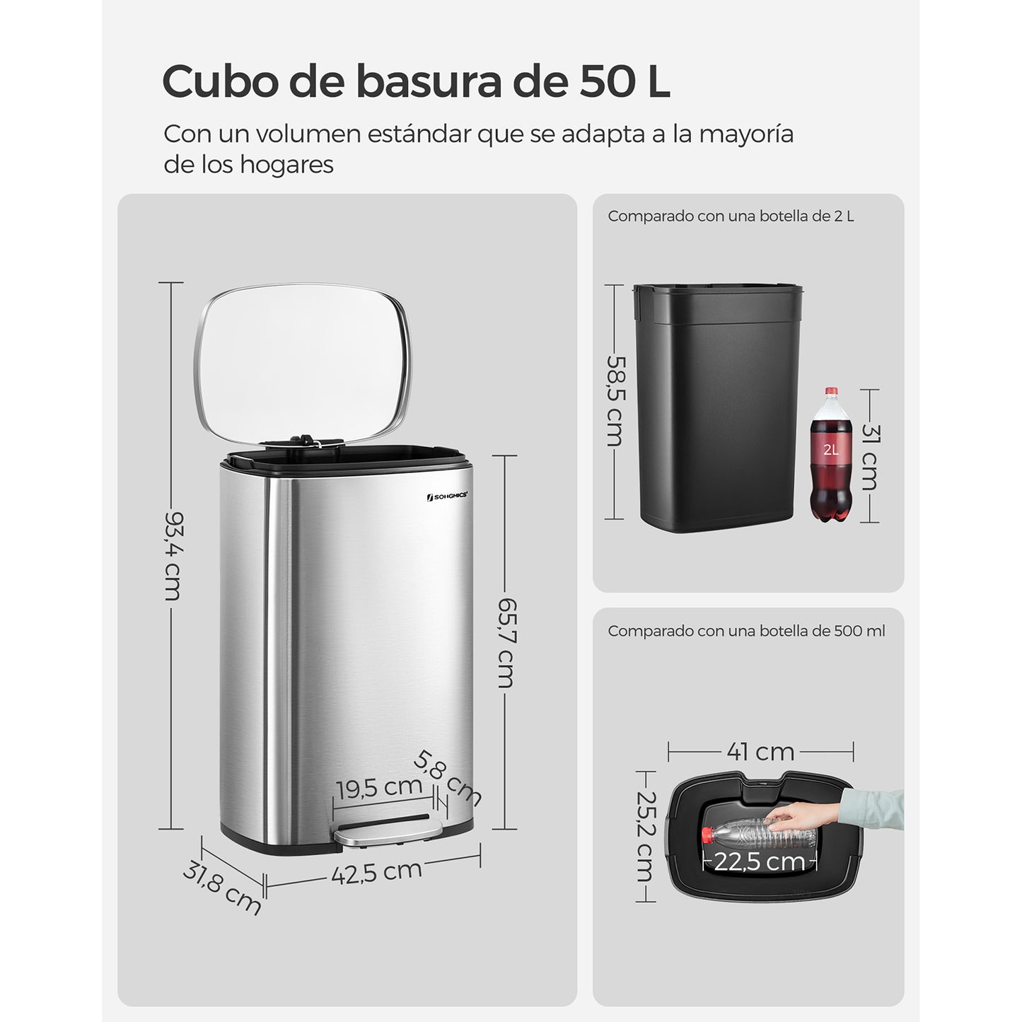 Cubo de Basura de 50 L Basurero para Cocina Papalera Pedal de Paso Acero-SONGMICS