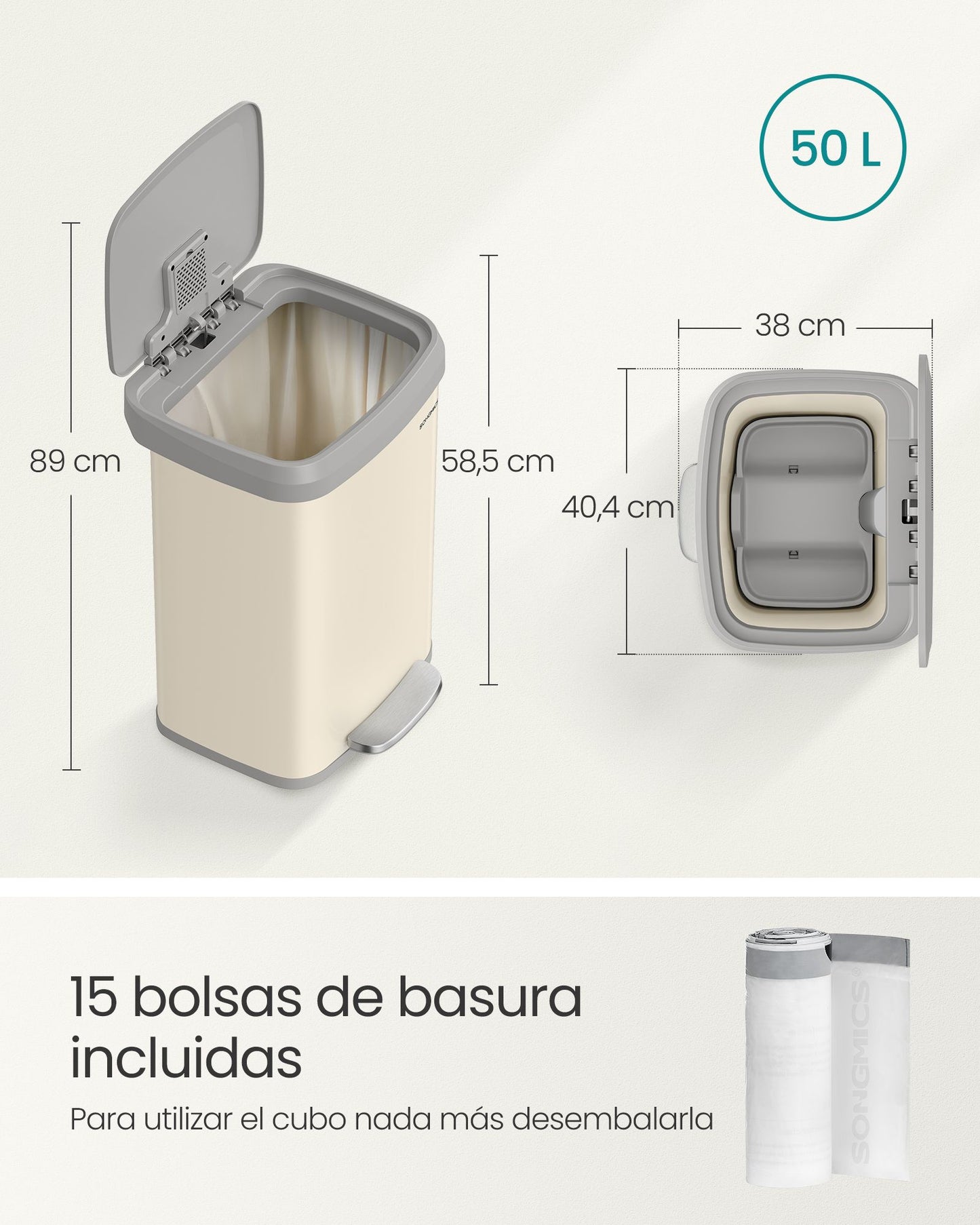 Cubo de Basura de Cocina 52 L Beige Arena y Gris Paloma-SONGMICS