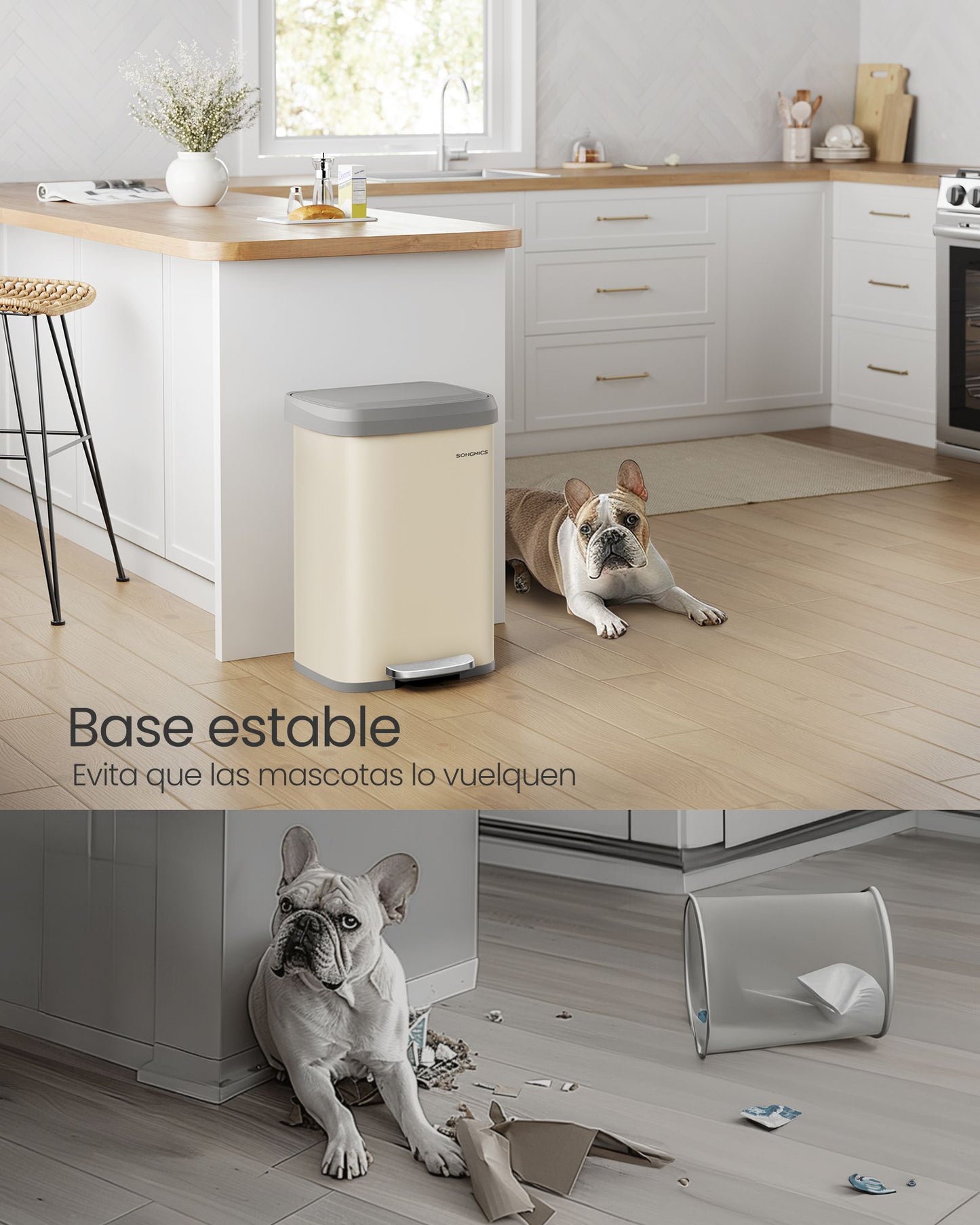 Cubo de Basura de Cocina 52 L Beige Arena y Gris Paloma-SONGMICS