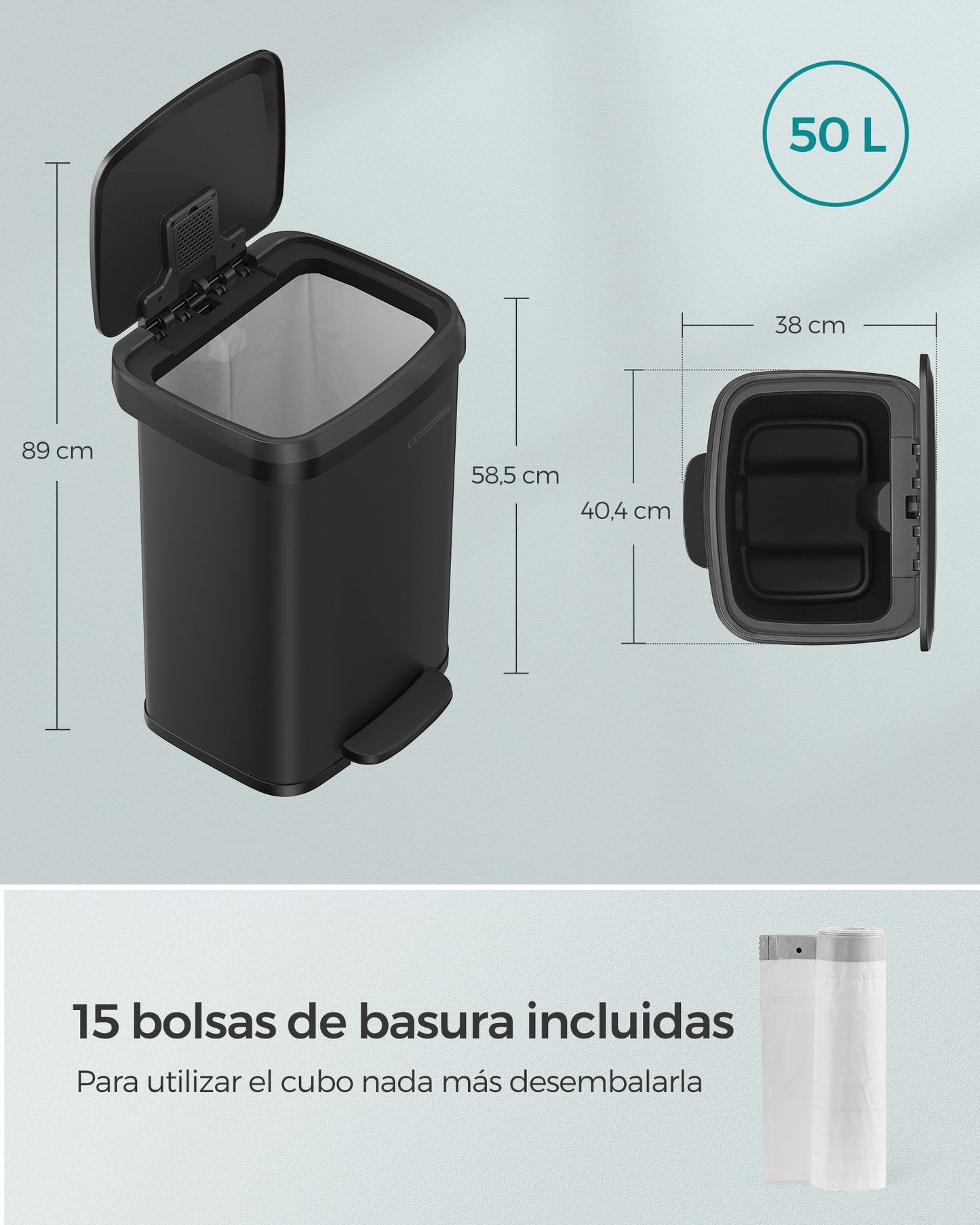 Cubo de Basura de Cocina 50 L Negro-SONGMICS