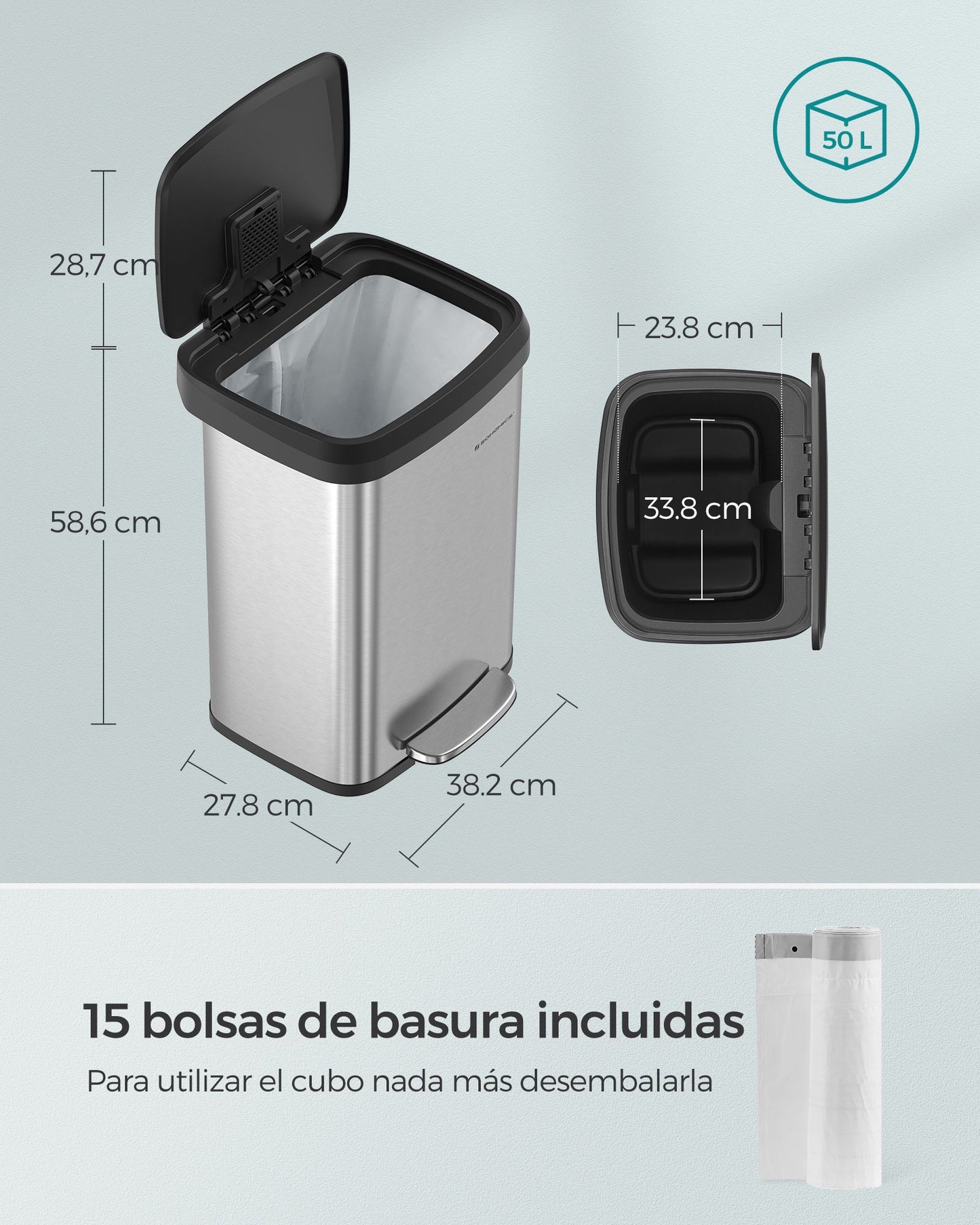 Cubo de Basura de Cocina 50 L Plata y Negro-SONGMICS