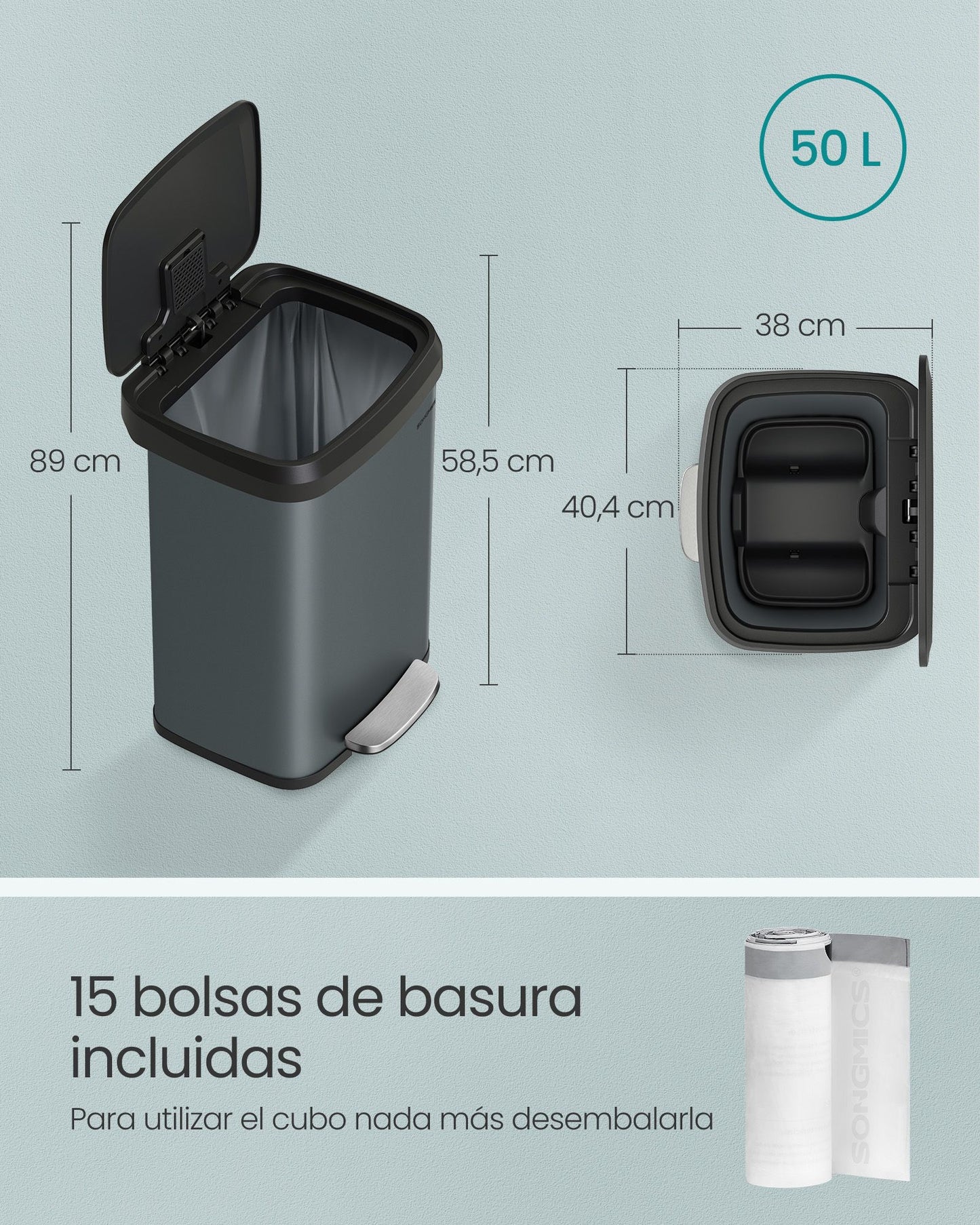 Cubo de Basura de Cocina 51 L Gris Carbón y Negro-SONGMICS