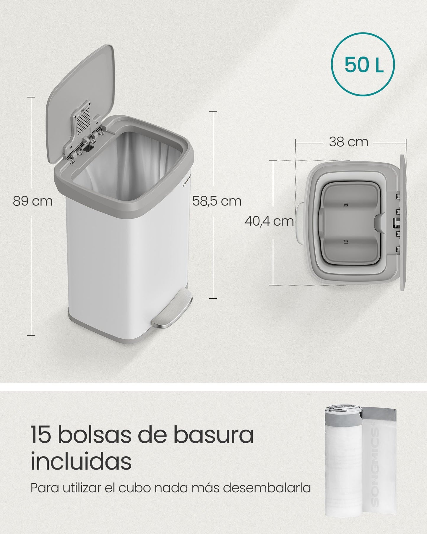 Cubo de Basura de Cocina 50 L Blanco y Gris Paloma-SONGMICS