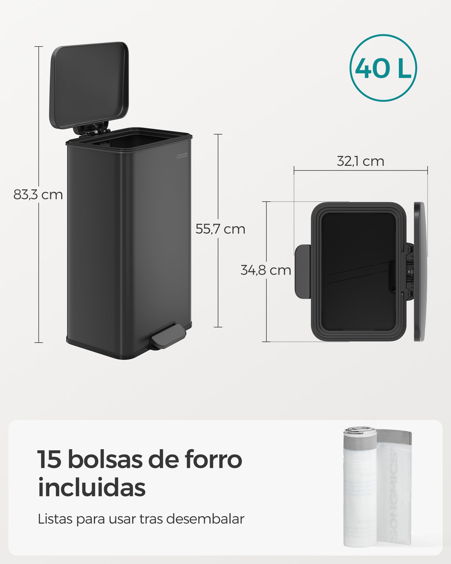 Cubo de Basura 40 L Pedal Negro-SONGMICS