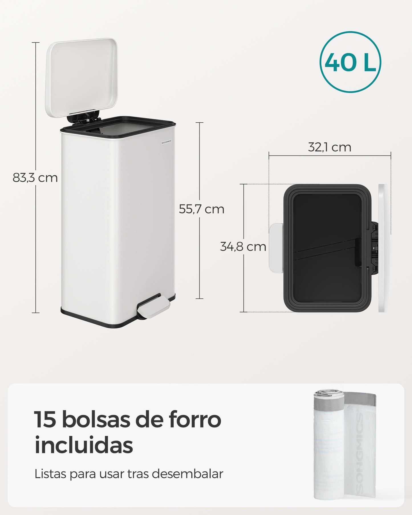 Cubo de Basura de Cocina de 40 litros Papelera Grande con Pedal con Tapa Acero-SONGMICS