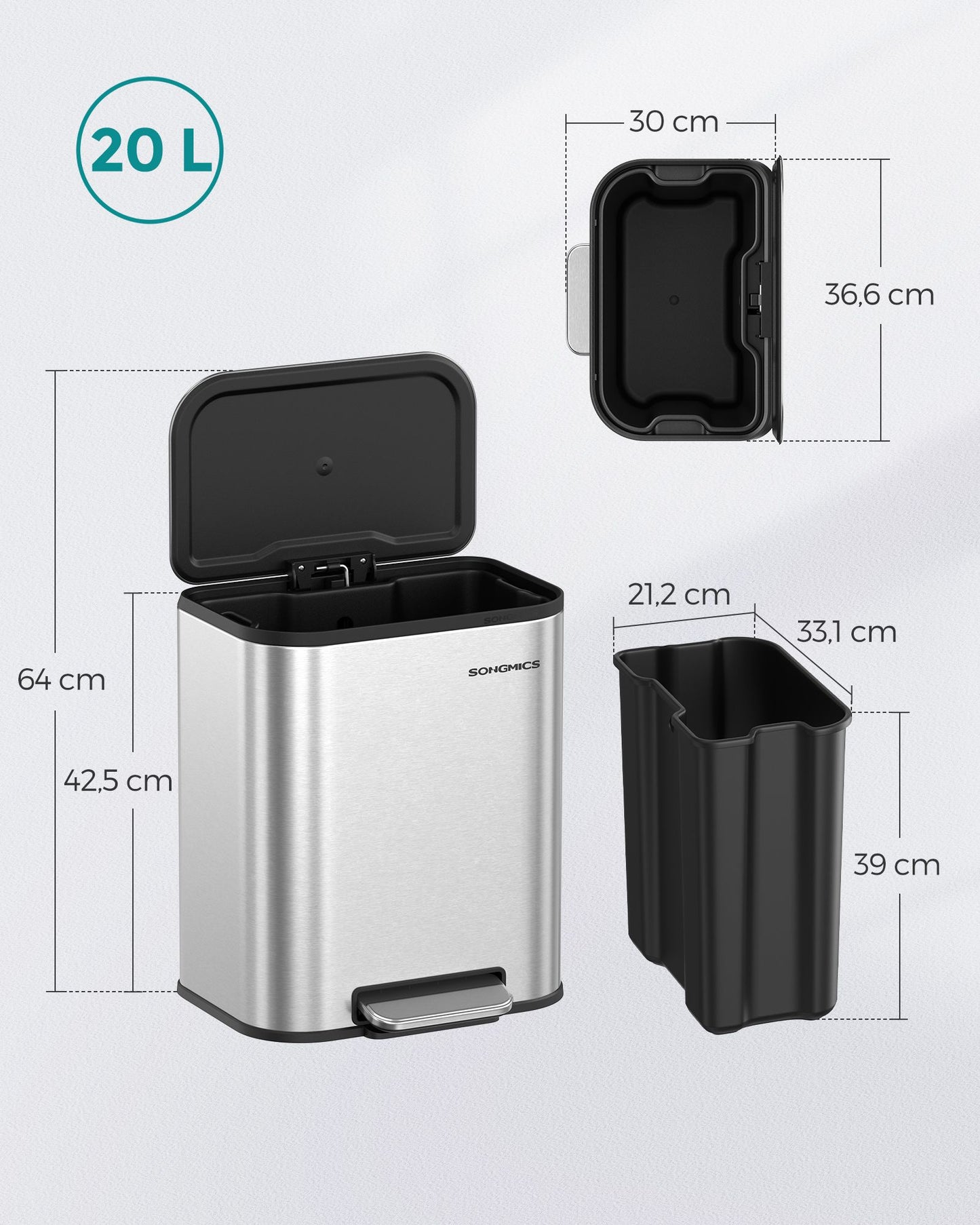 Cubo de Basura de Cocina 20 L Plata Metálico-SONGMICS