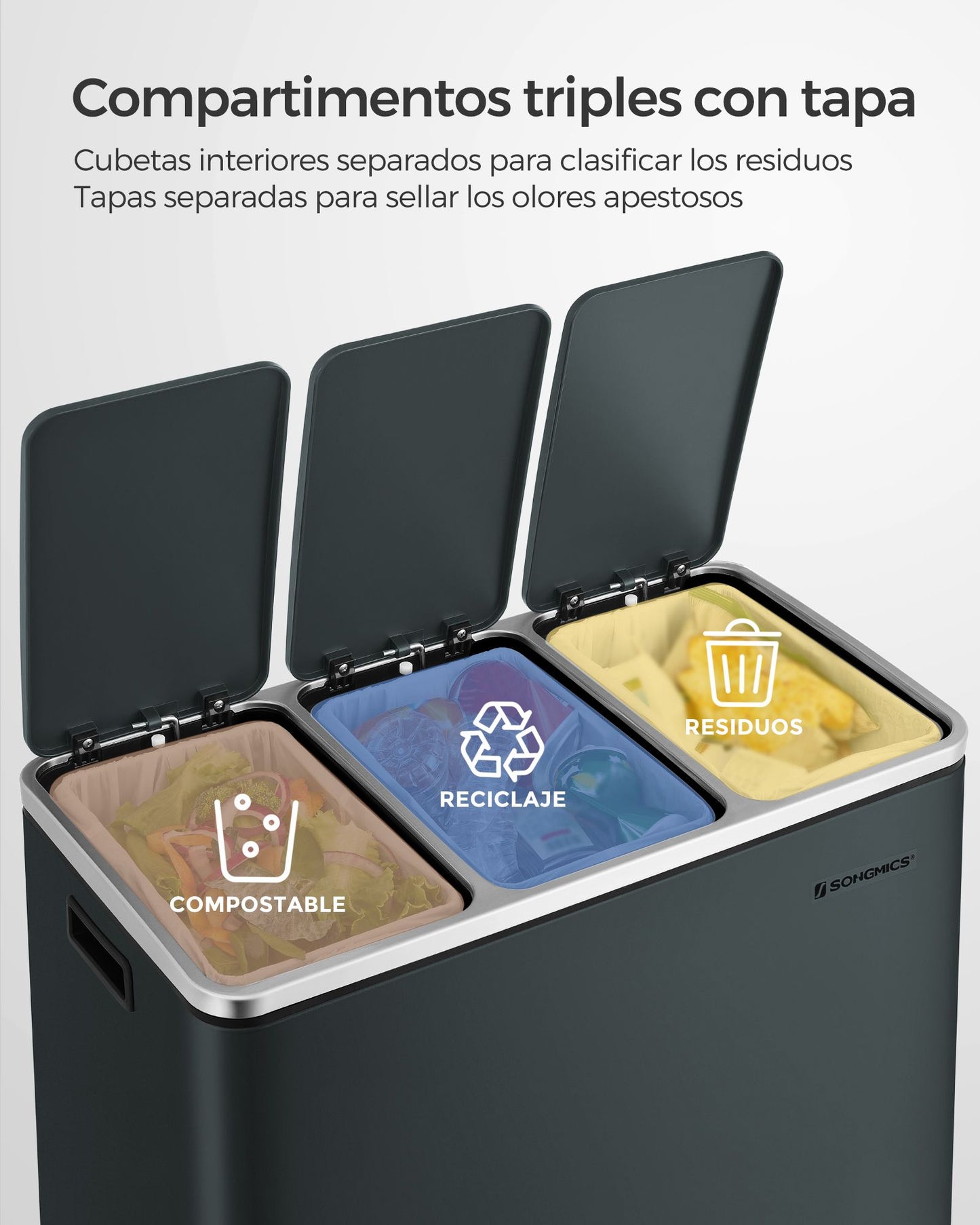 Cubo de Basura para Cocina Papelera para Reciclaje Cubo con Pedales Gris Verdoso-SONGMICS