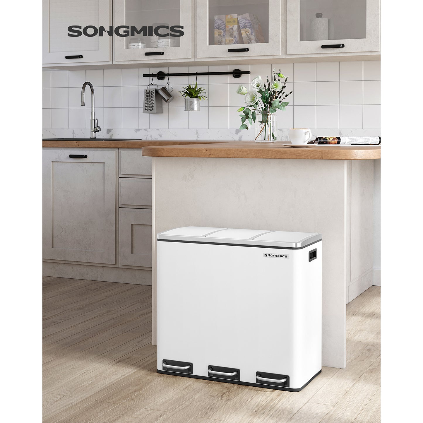 Cubo de Basura para Cocina 3 Compartimentos para Reciclaje Papelera Pedal-SONGMICS