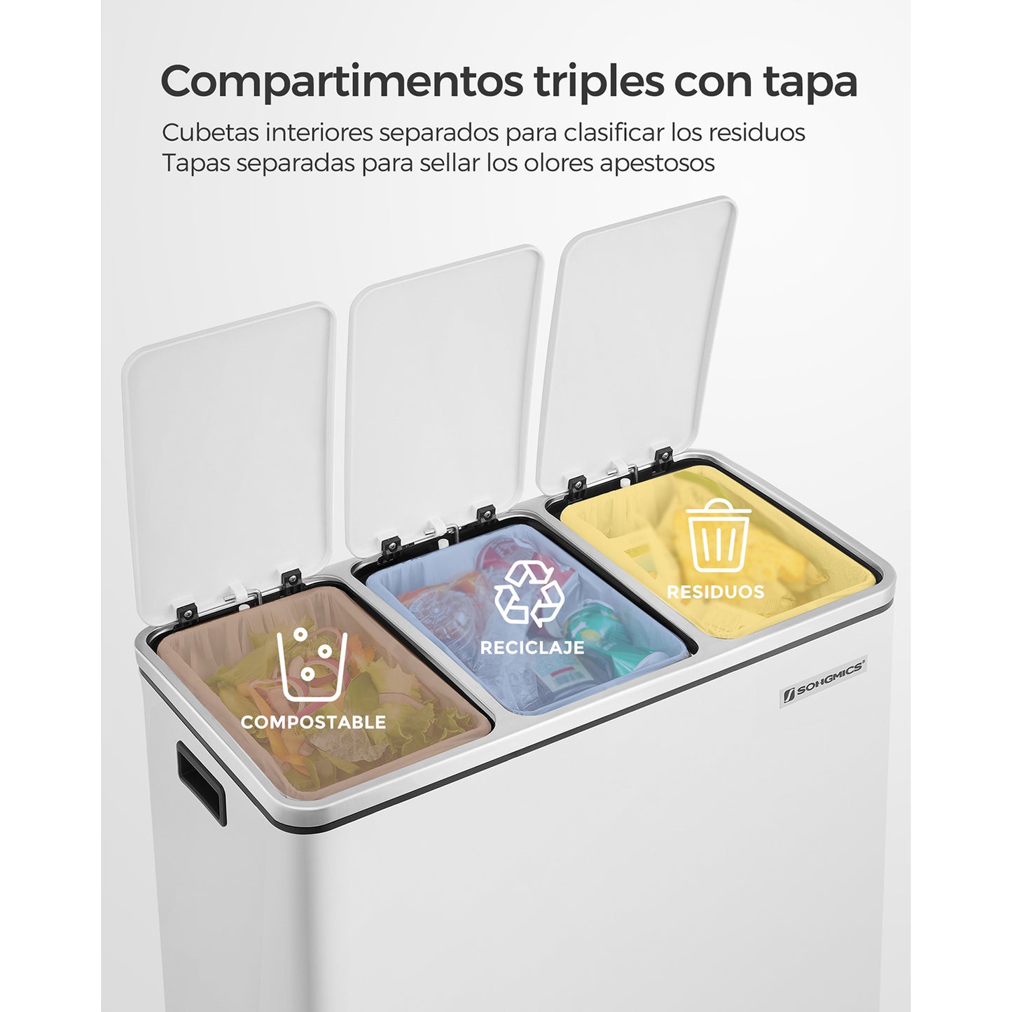 Cubo de Basura para Cocina 3 Compartimentos para Reciclaje Papelera Pedal-SONGMICS