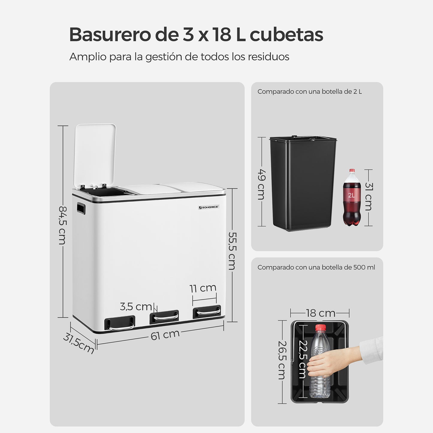 Cubo de Basura para Cocina 3 Compartimentos para Reciclaje Papelera Pedal-SONGMICS