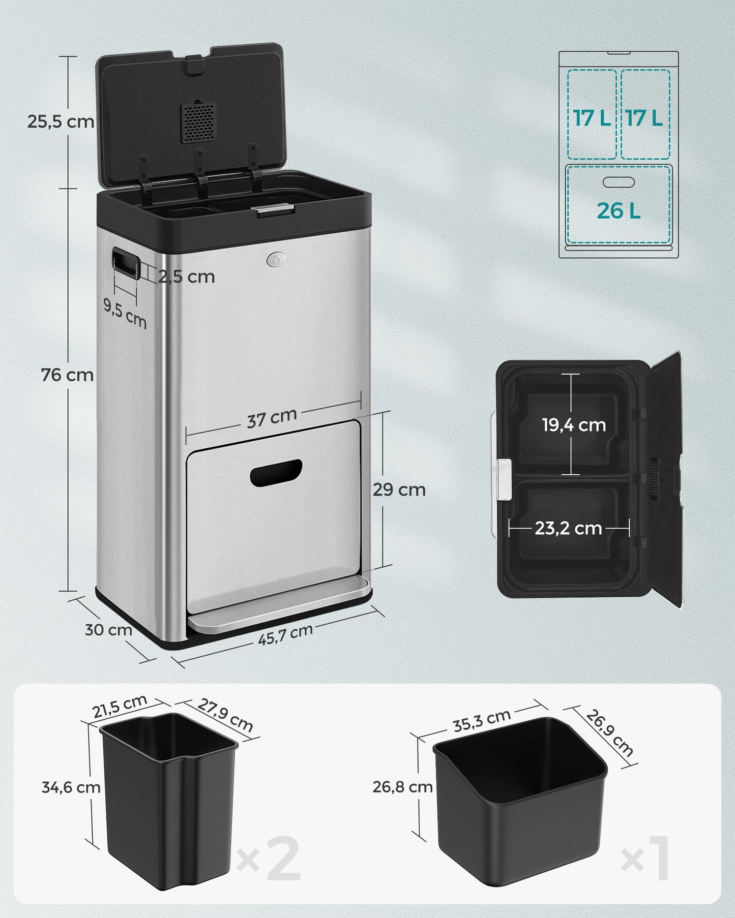 Cubo Basura de Cocina Volumen de 2 x 17 L y 26 L 3 Compartimentos para Basura-SONGMICS