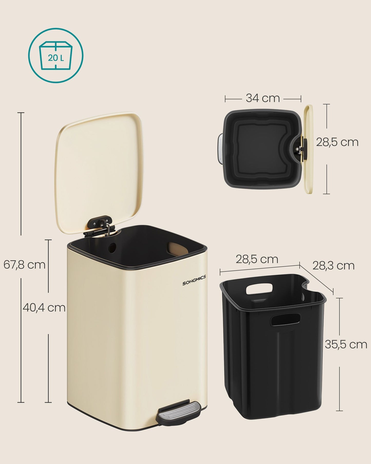 Cubo de Basura de 20 L Acero Inoxidable Beige Arena-SONGMICS